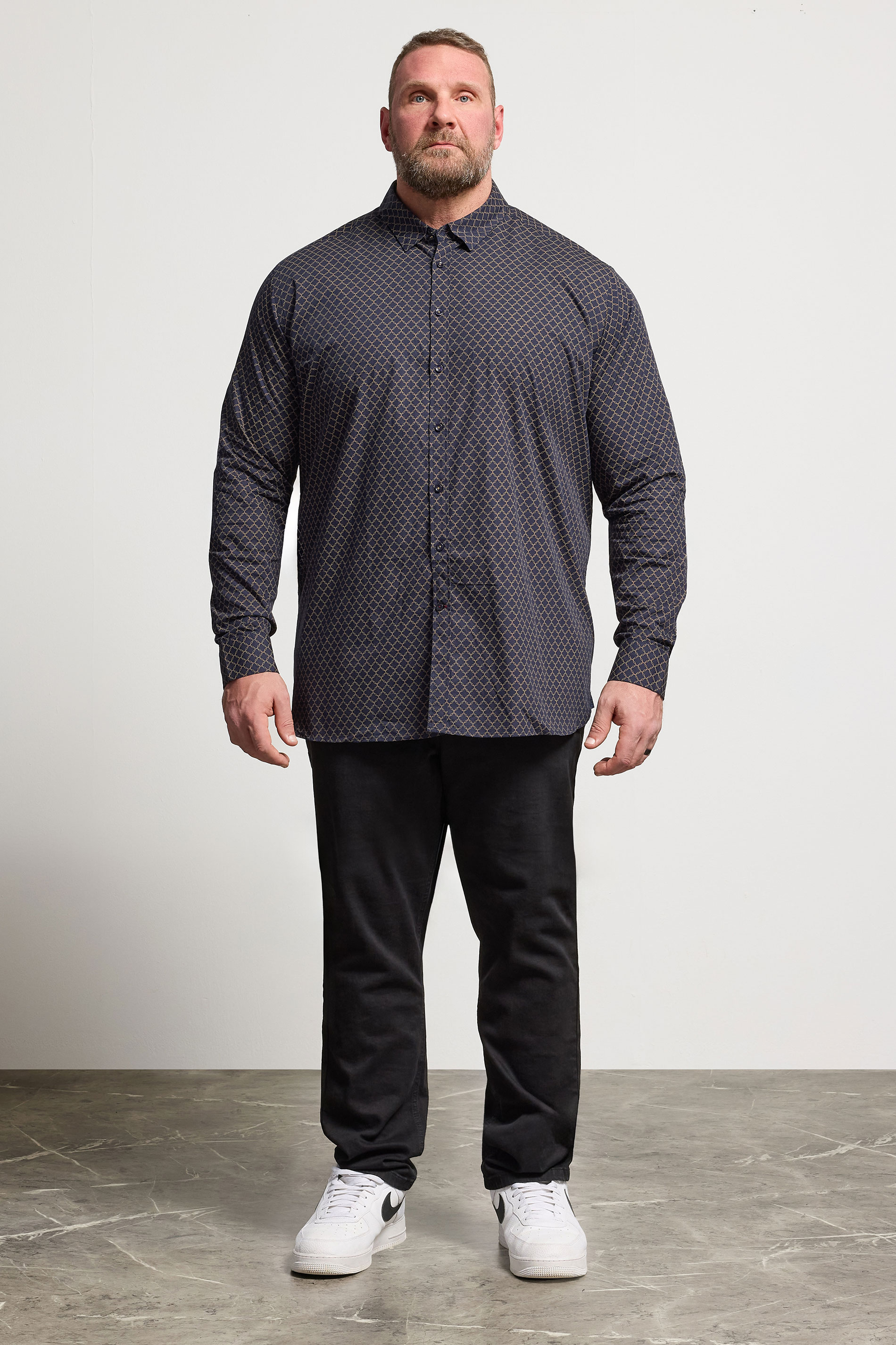D555 Big & Tall Navy Blue & Gold Geometric Print Shirt | BadRhino 1