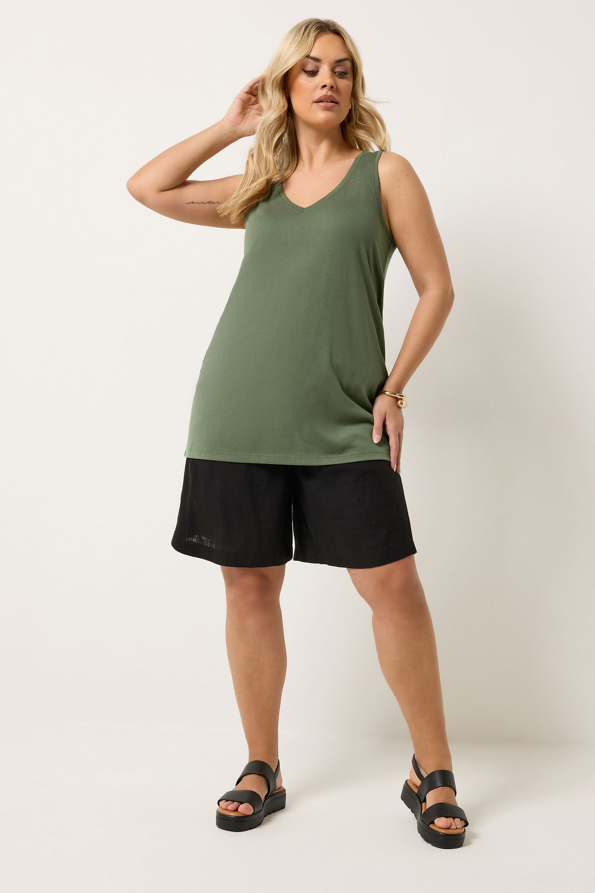 YOURS Plus Size Khaki Green V-Neck Basic Vest Top | Vest Top 1