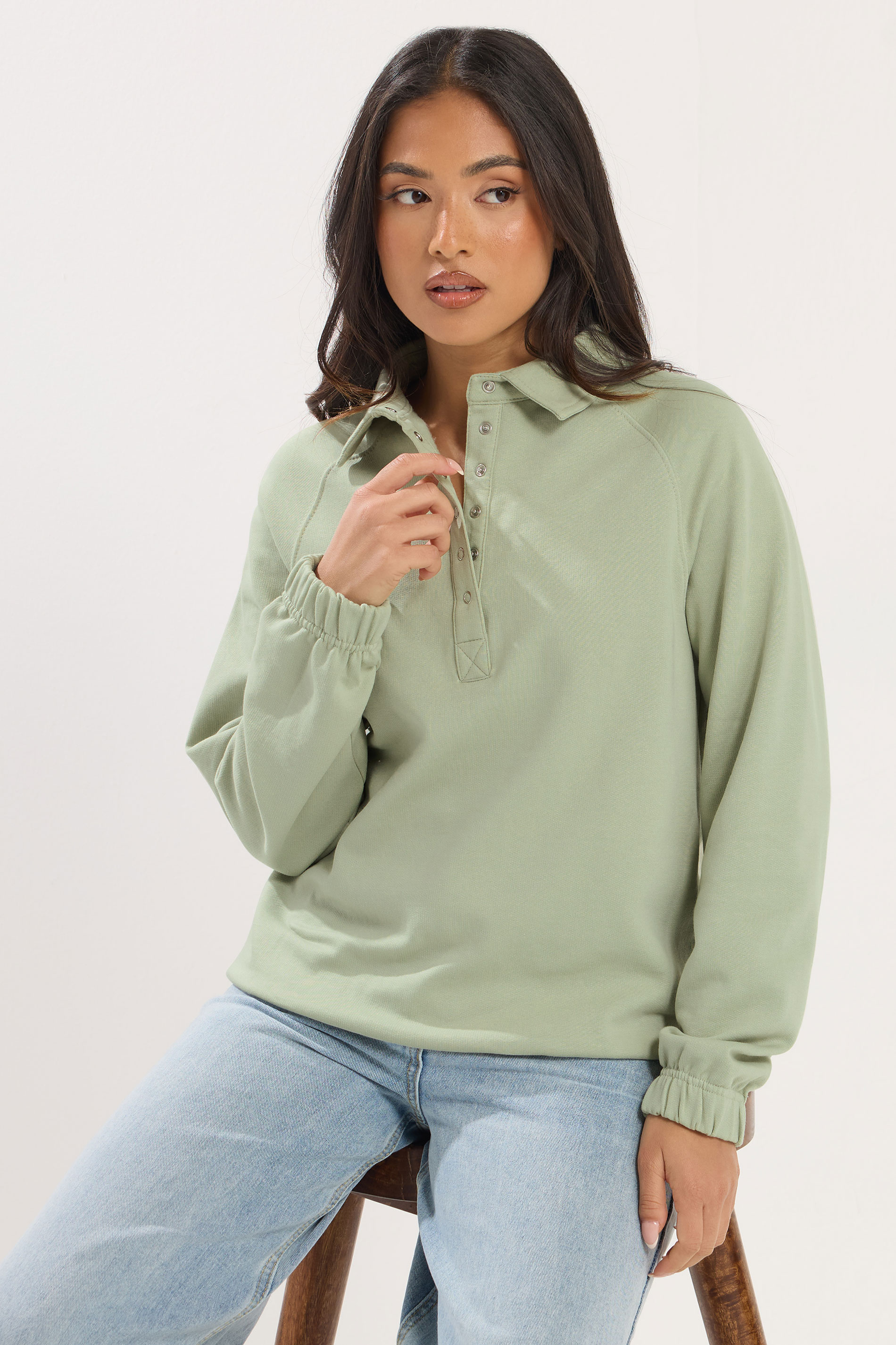 PixieGirl Petite Women's Sage Green Button Collar Sweatshirt | PixieGirl 2
