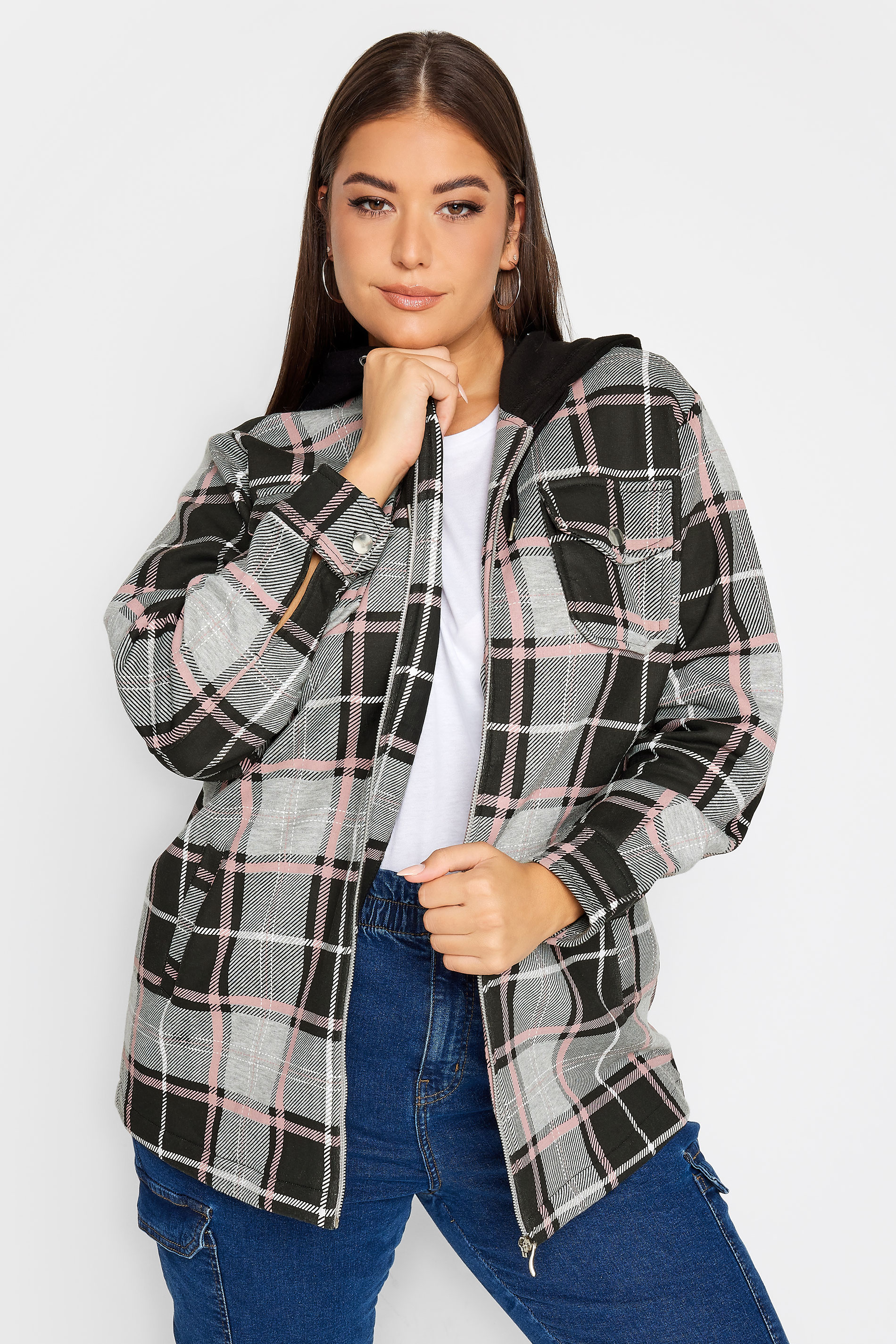 YOURS Plus Size Black & Pink Check Hooded Shacket | Yours Clothing 1