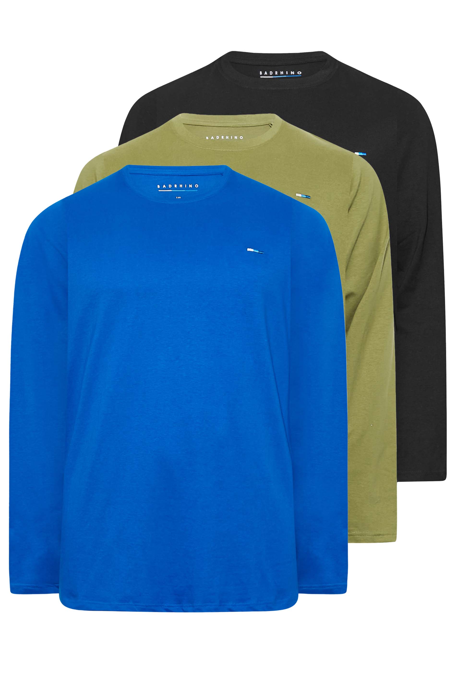 BadRhino Big & Tall 3 Pack Blue & Khaki Green Long Sleeve T-Shirts | BadRhino 2