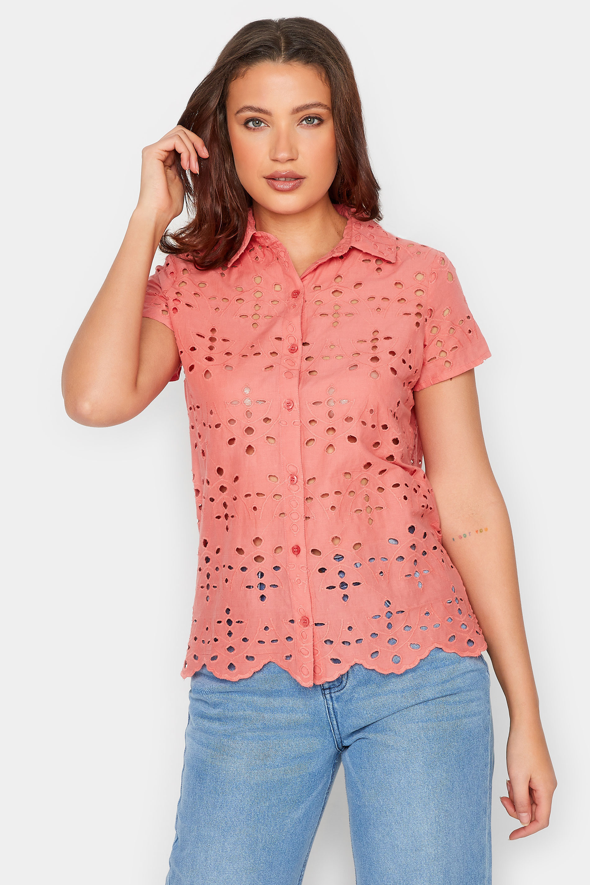 LTS Tall Women's Coral Pink Broderie Shirt | Long Tall Sally 1