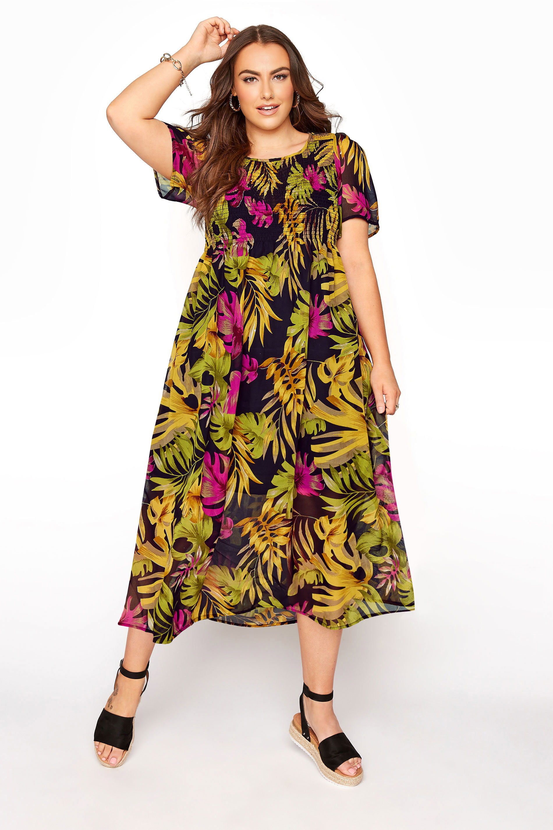 Black Tropical Leaf Shirred Maxi Dress 