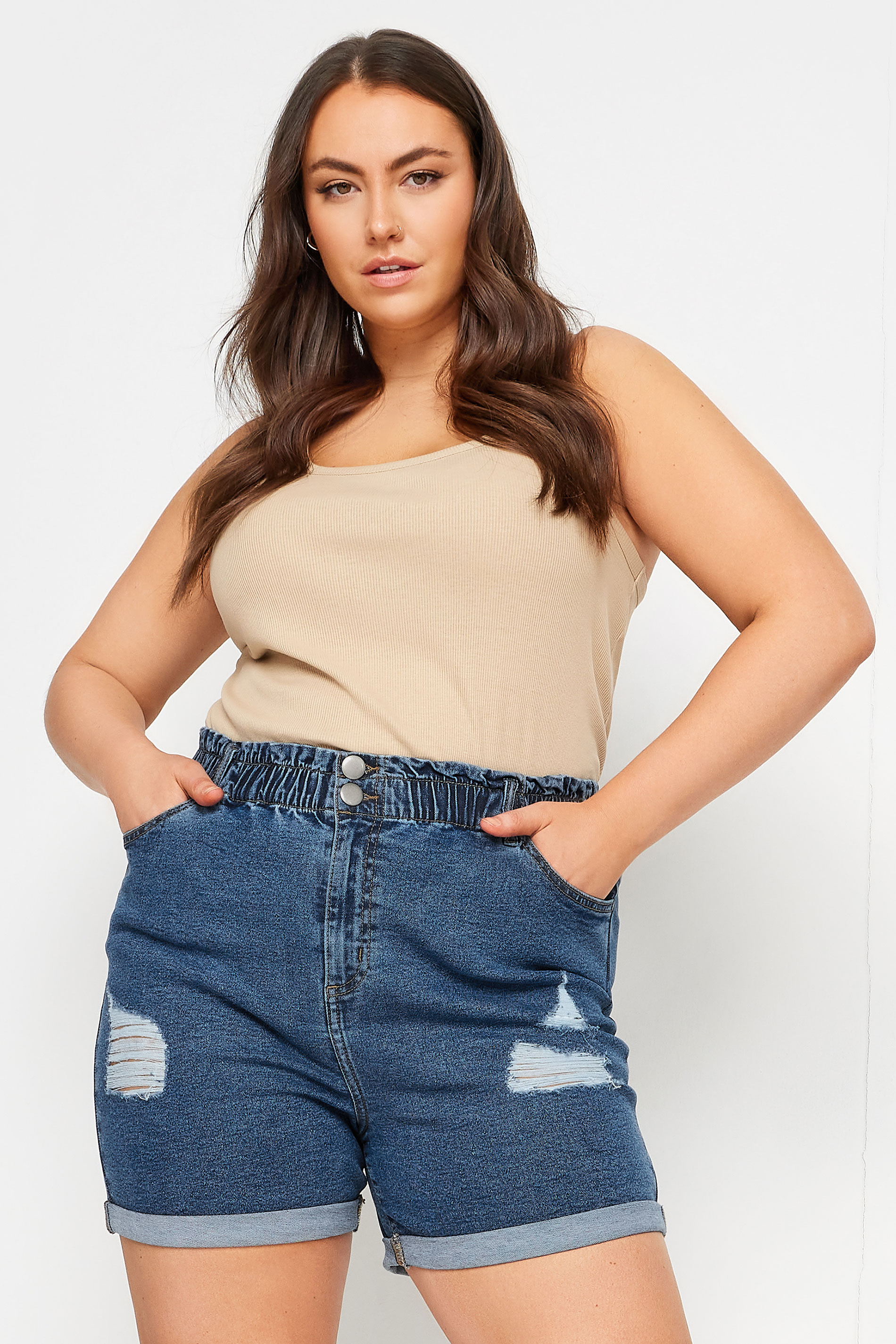 YOURS Plus Size Mid Wash Blue Ripped Stretch Denim Shorts | Yours Clothing 1