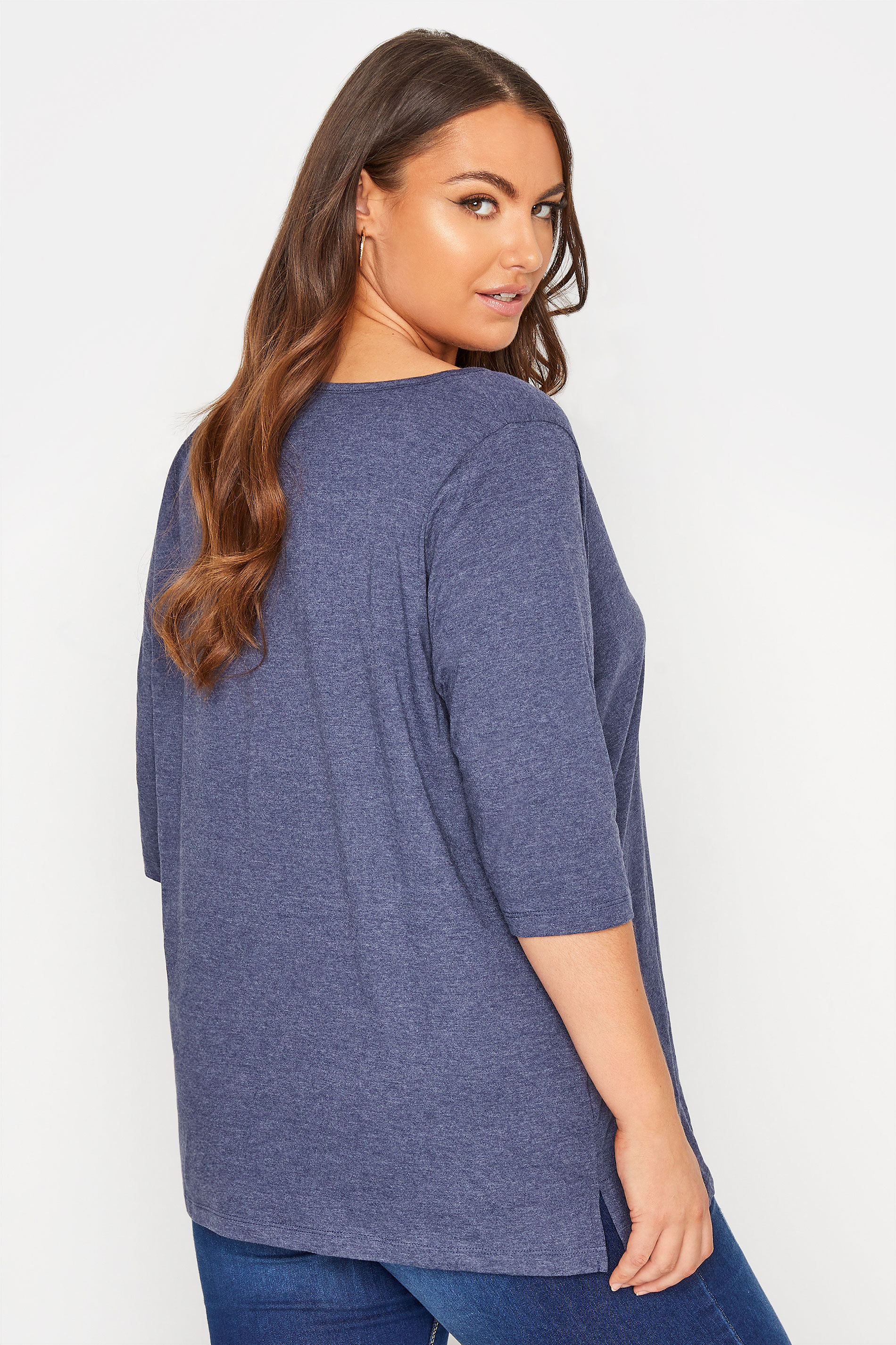 Grande taille  Tops Grande taille  T-Shirts | T-Shirt Bleu Col V Manches Longues - LG71026