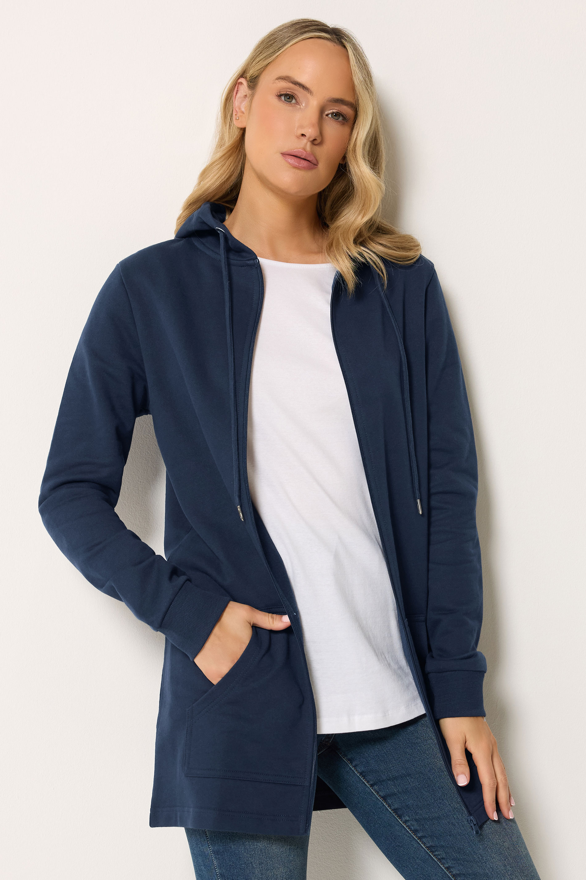 LTS Tall Women's Navy Blue Cotton Longline Zip Hoodie | Long Tall Sally 3