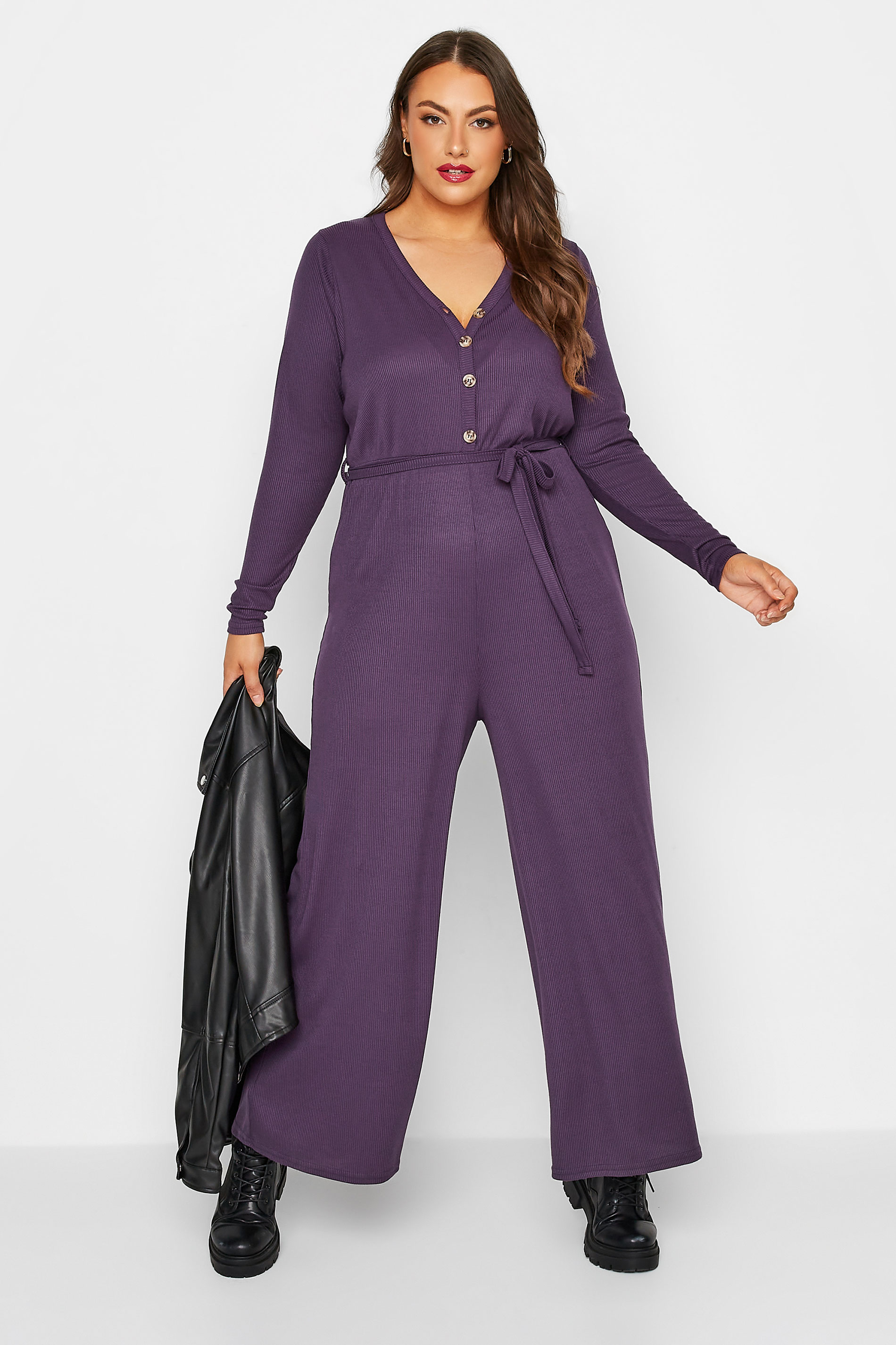 LIMITED COLLECTION Plus Size Purple Ribbed Wide Leg Jumpsuit | Yours Clothing 1