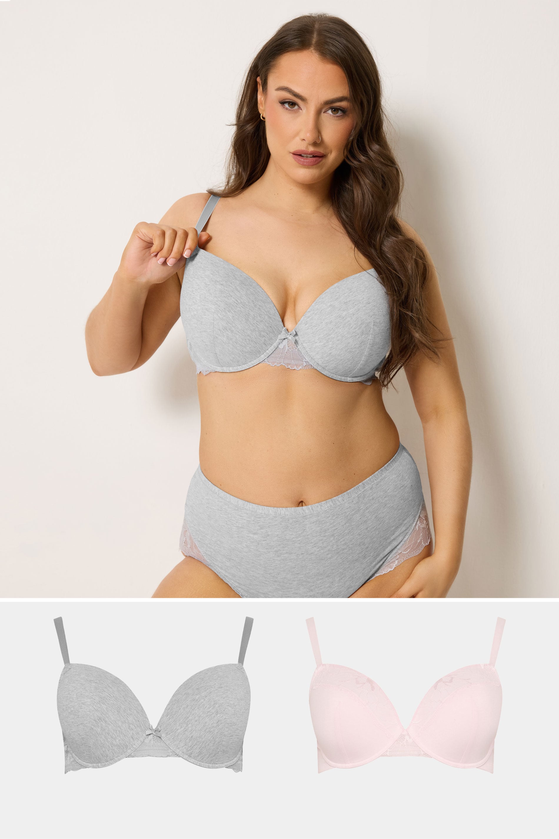YOURSET 2 PACK Plus Size Pink & Grey Padded Underwired Bras | Yours Clothing 1
