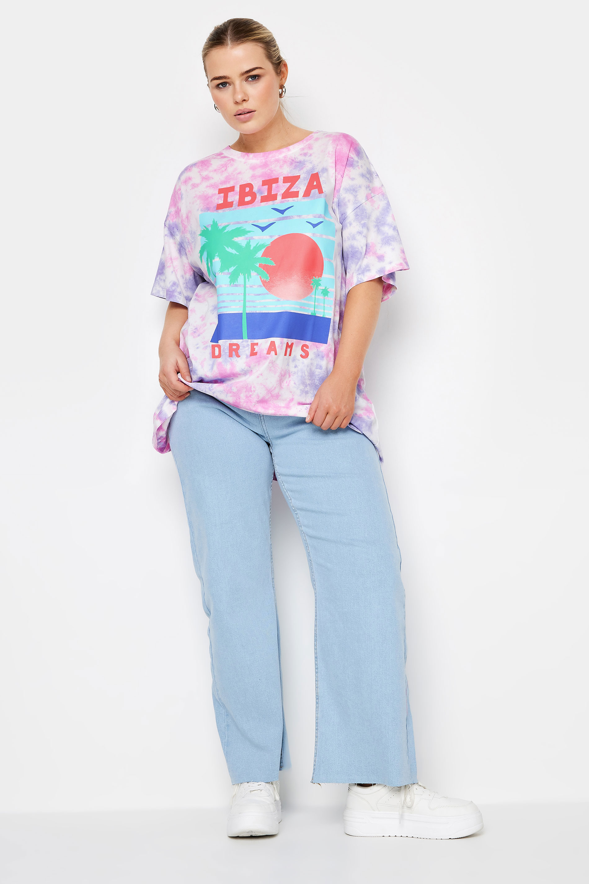 YOURS Plus Size Pink 'Ibiza Dreams' Print Tie Dye T-Shirt | Yours Clothing 2