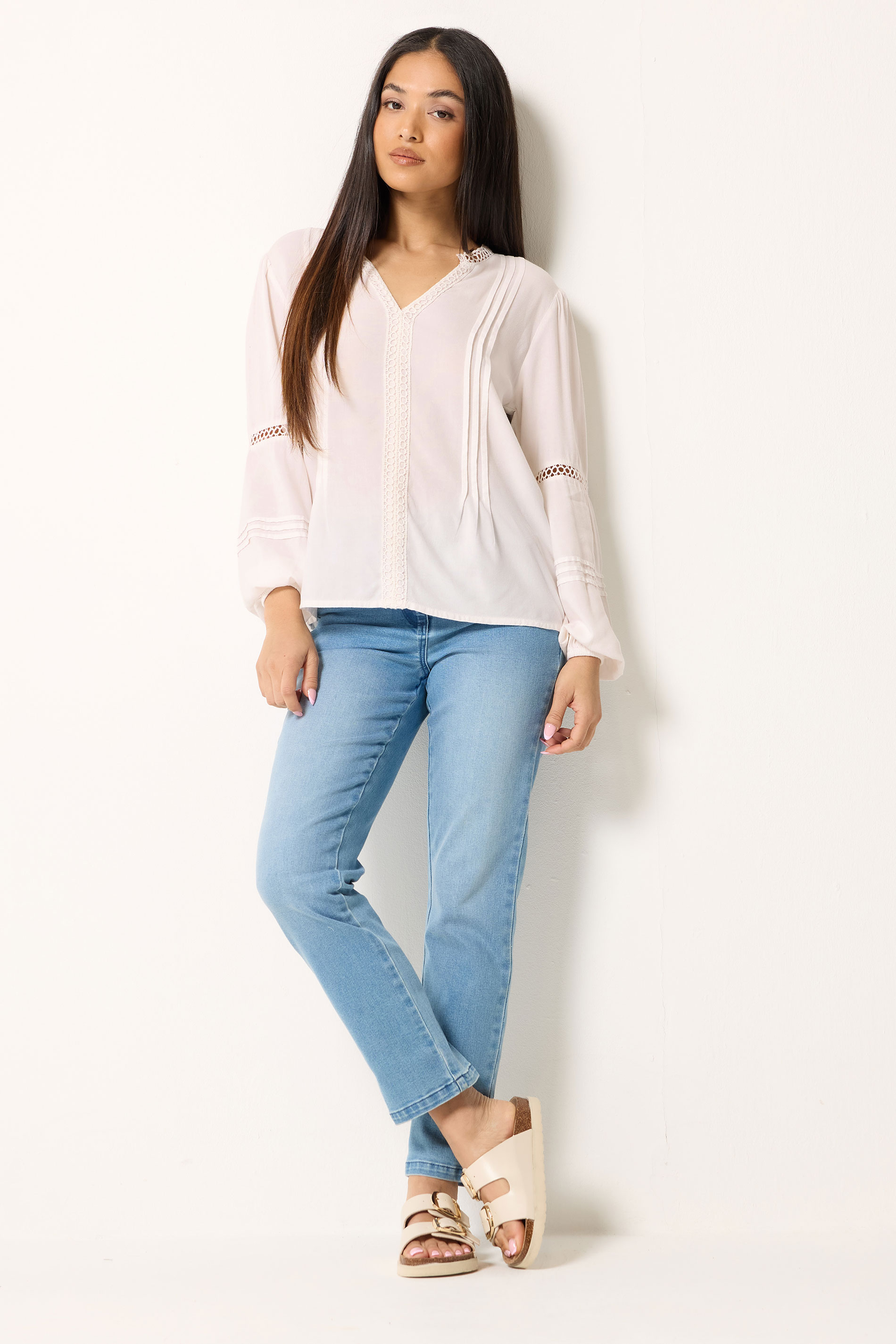 M&Co Petite White Lace Trim Pintuck Blouse | M&Co 1