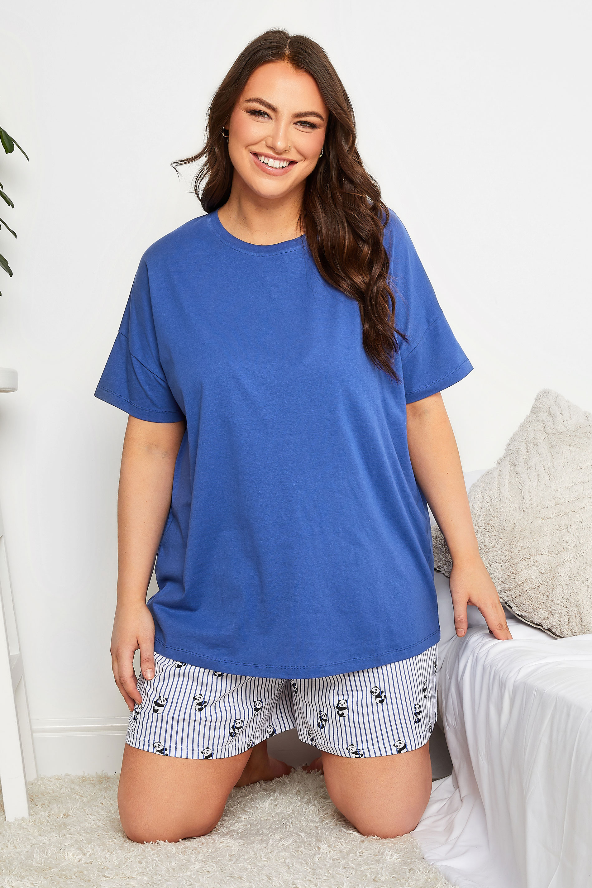 YOURS Curve Plus Size Dark Blue Panda Print Pyjama Set | Yours Clothing  1
