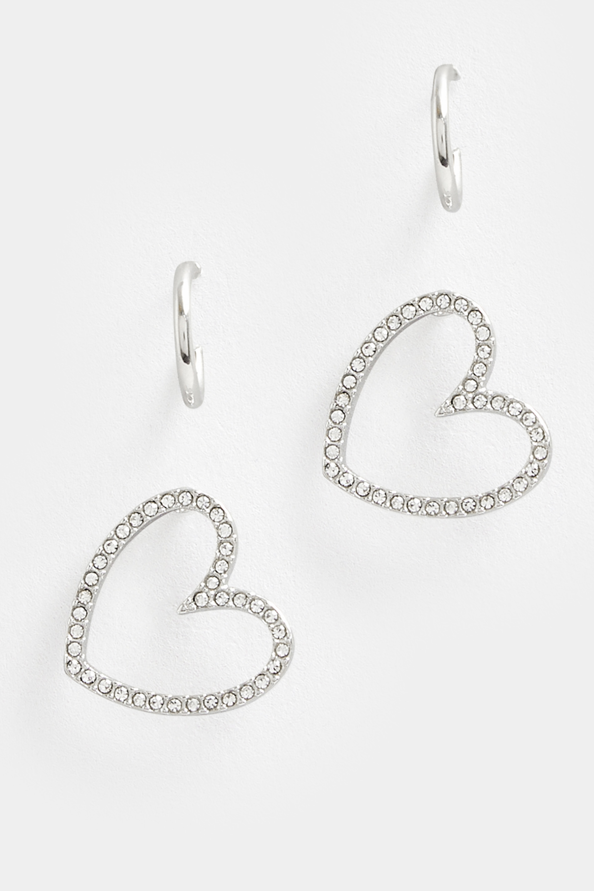 2 PACK Silver Diamante Heart Stud Earrings Set | Yours Clothing 2