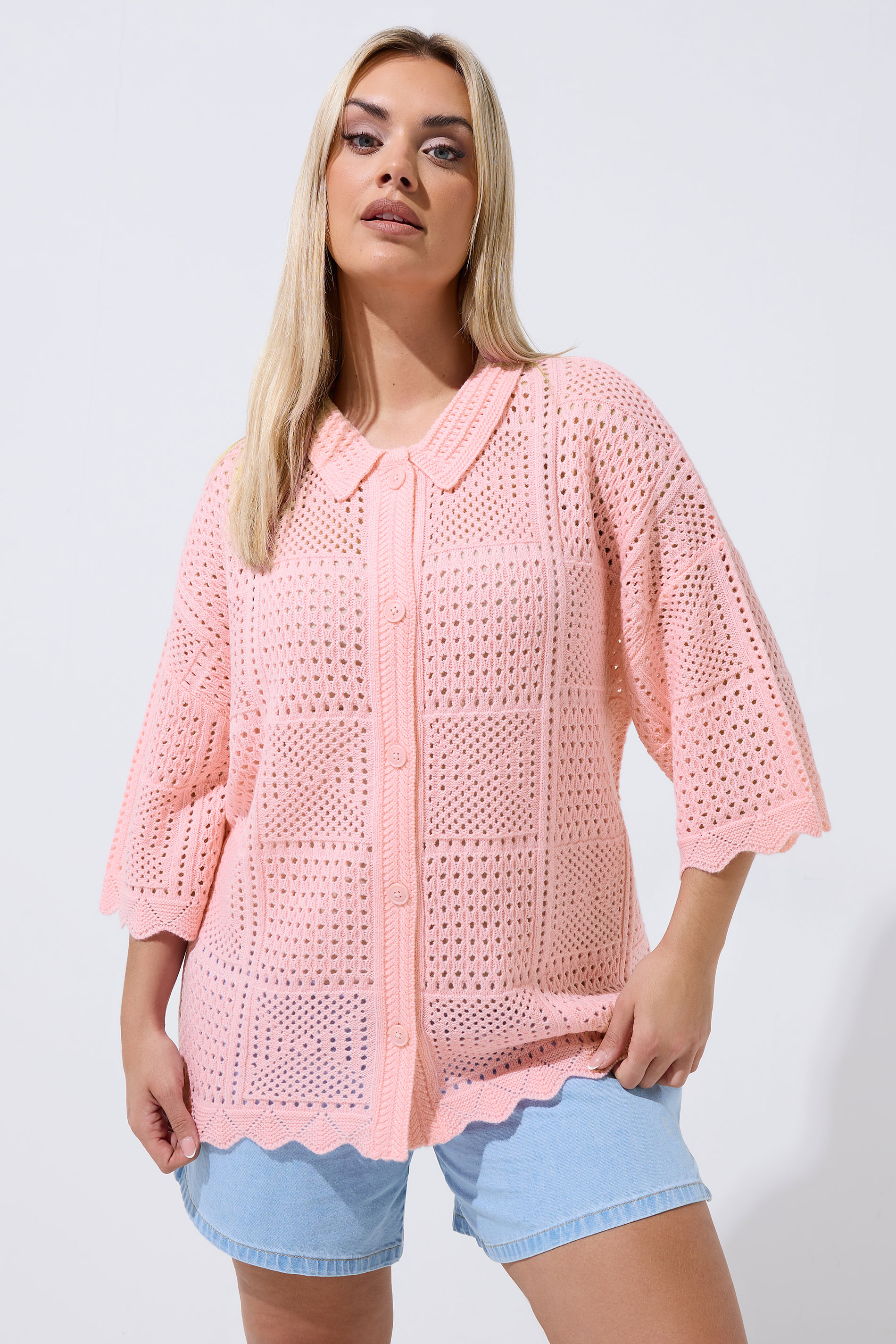 LIMITED COLLECTION Plus Size Pink Crochet Knitted Shirt | Yours Clothing 3