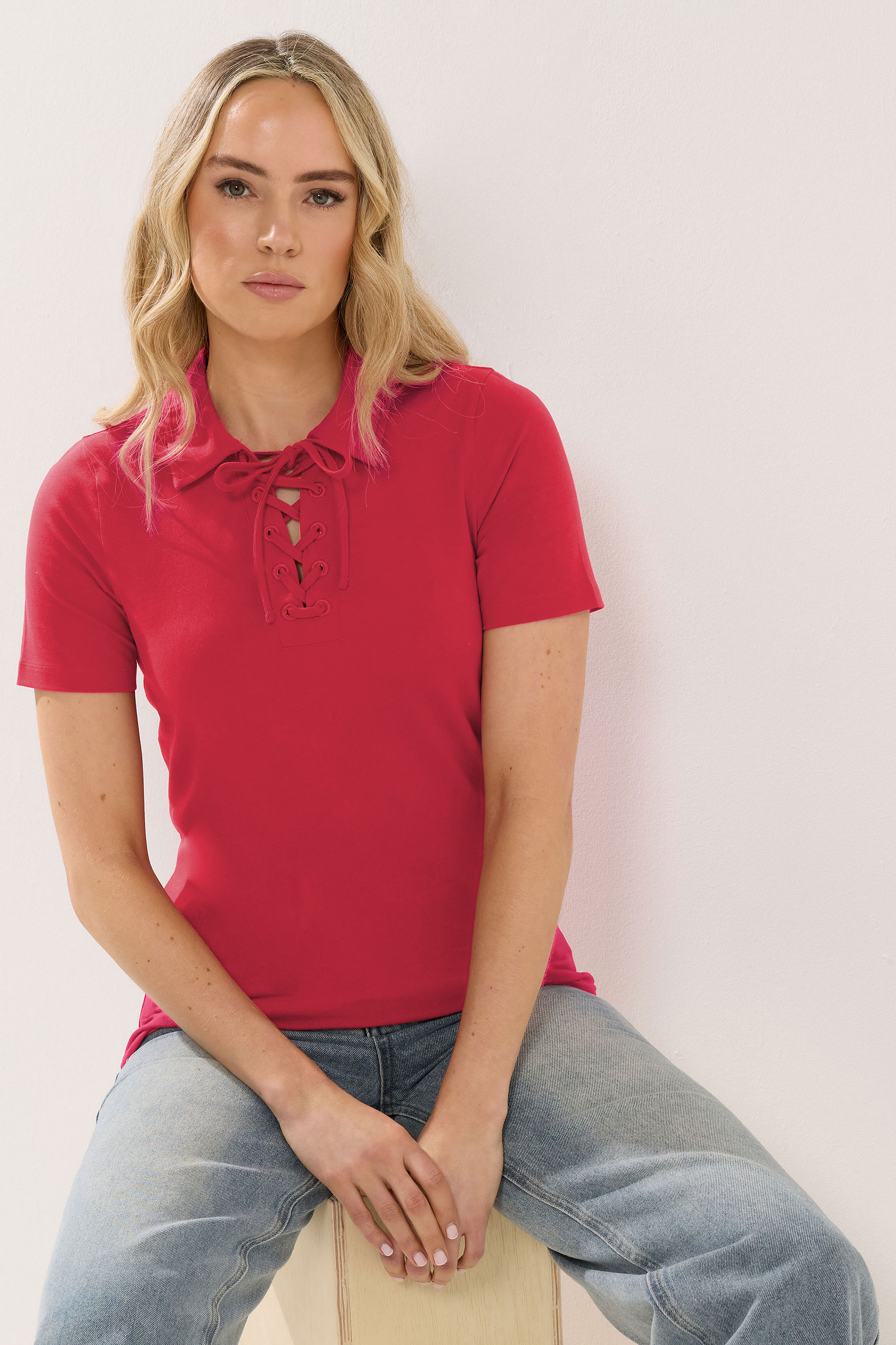 LTS Tall Women's Red Lace Up Collared T-Shirt | Long Tall Sally 3
