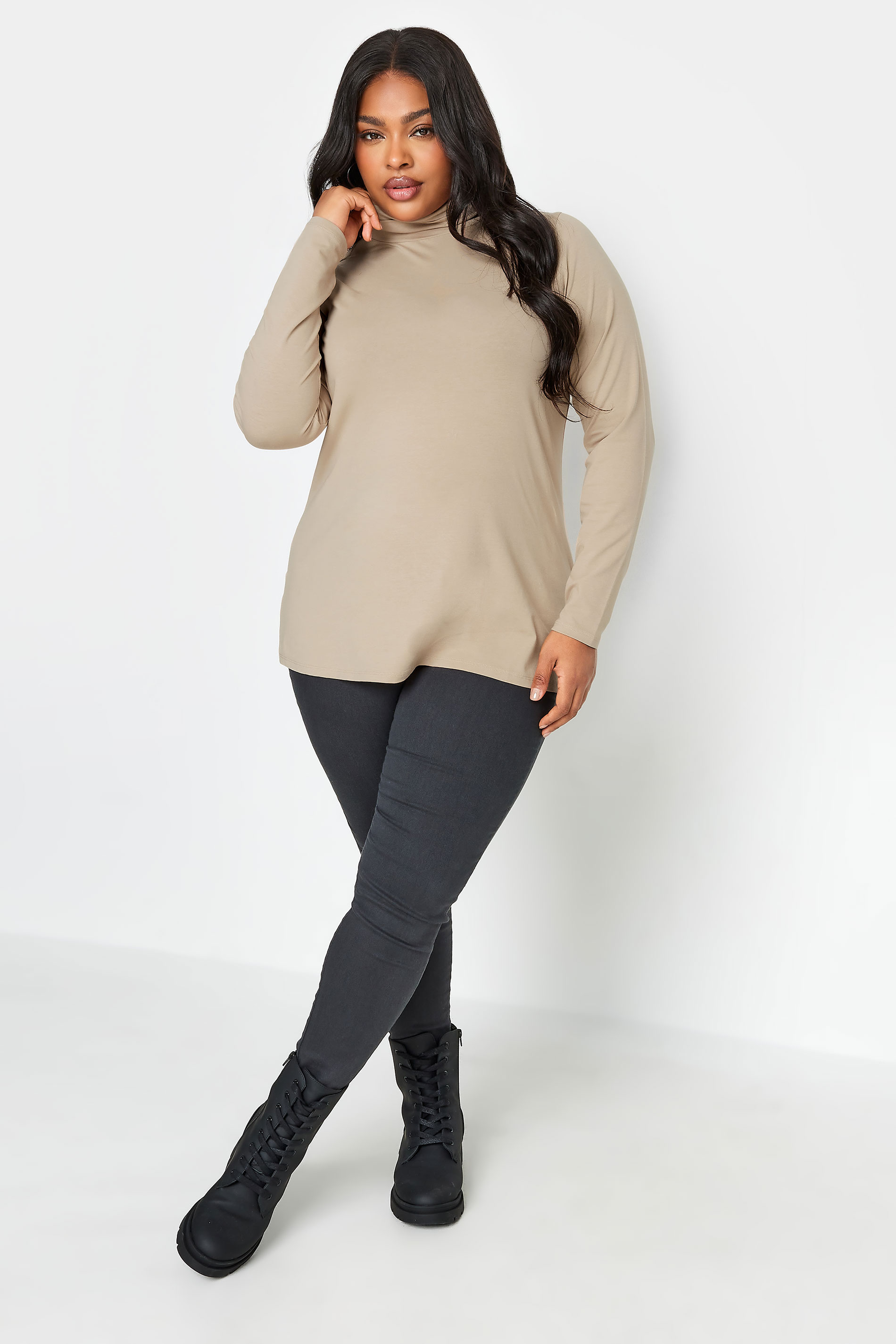 YOURS Plus Size Beige Brown Long Sleeve Turtle Neck Top | Yours Clothing 2