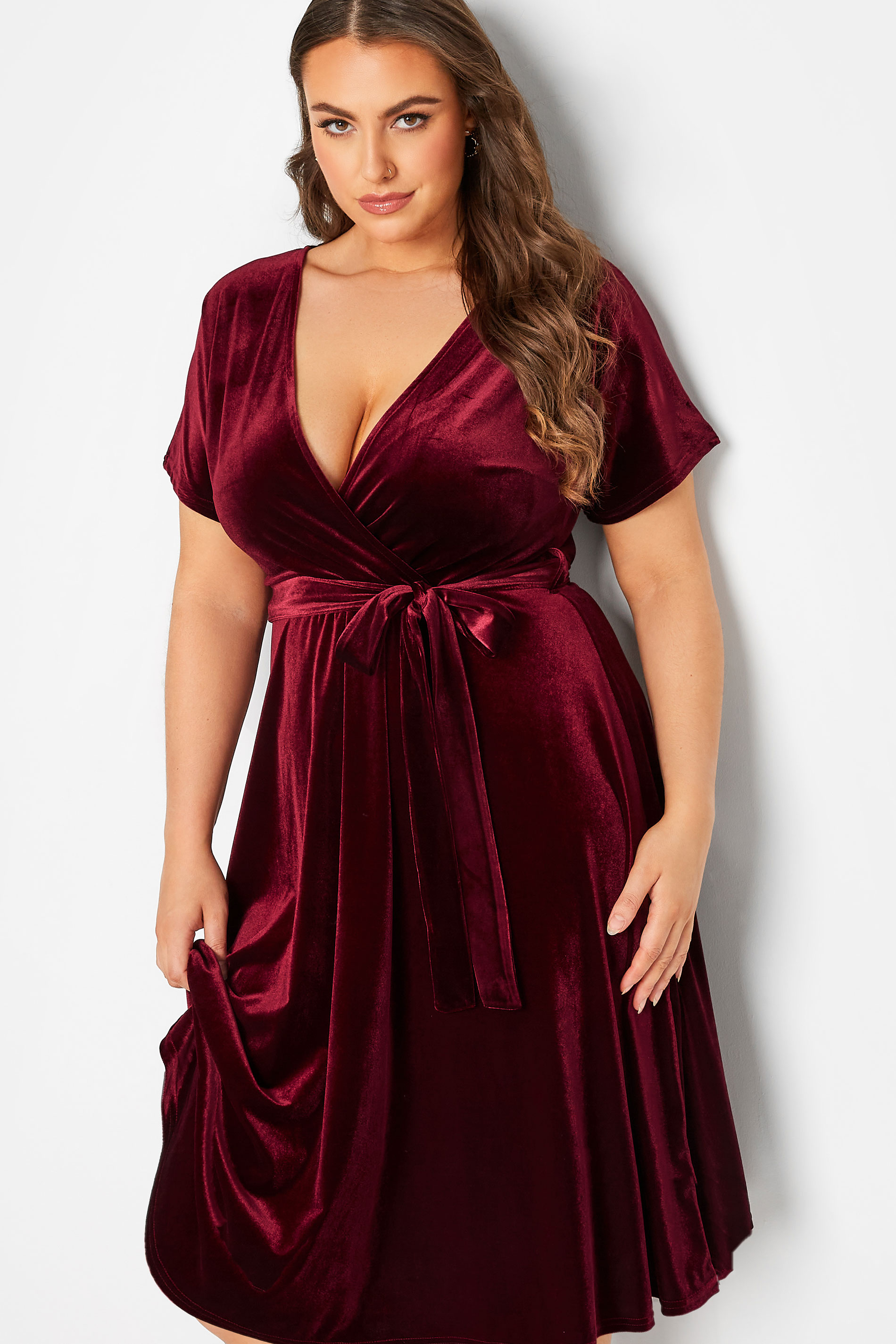 YOURS LONDON Curve Red Velvet Wrap Skater Dress | Yours Clothing