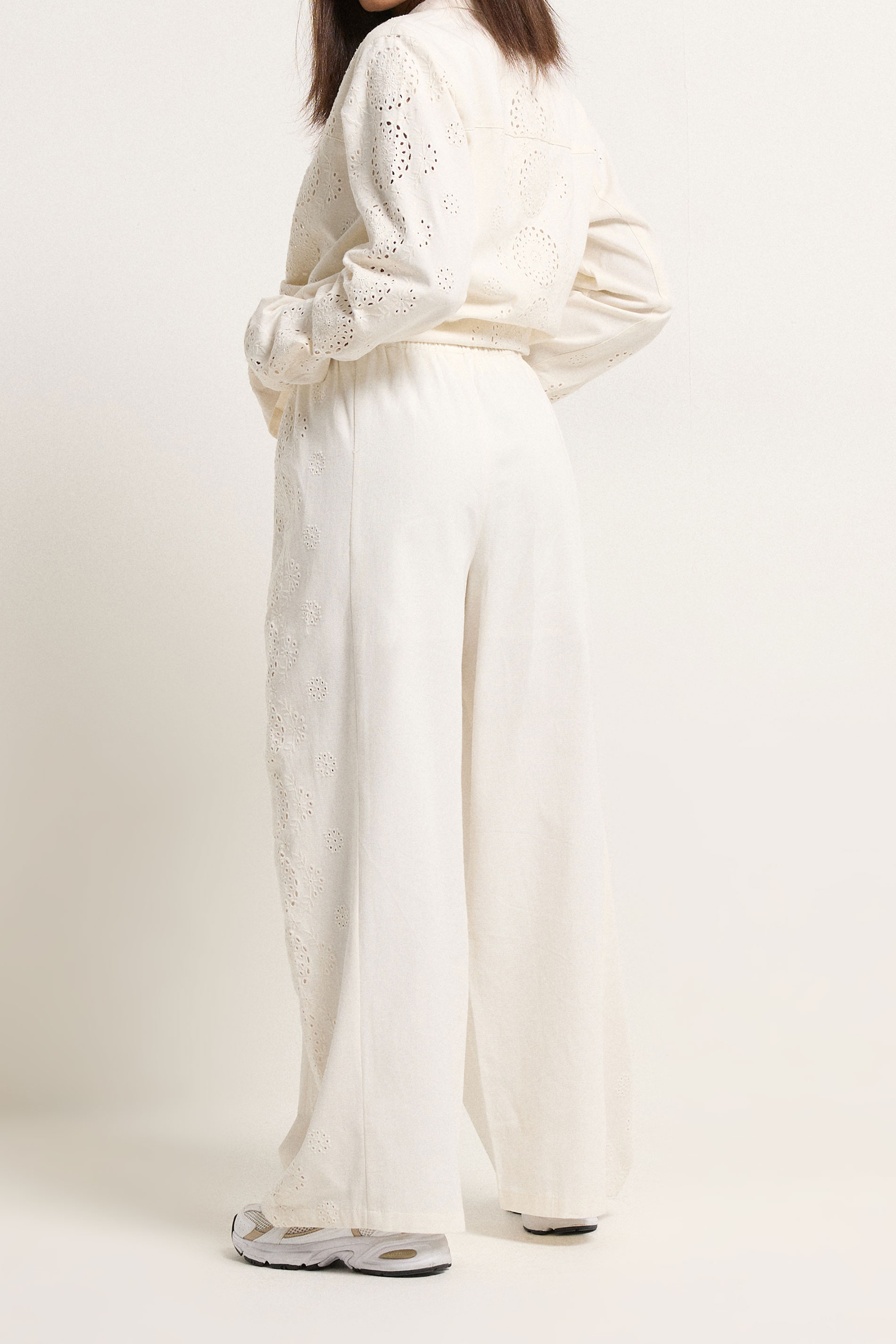 PixieGirl Petite Women's White Embroidered Cotton Wide Leg Trousers | PixieGirl 5