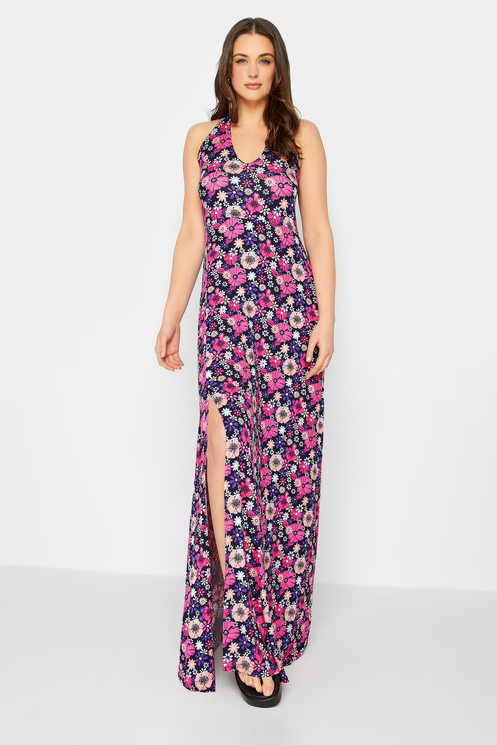 LTS Tall Womens Pink Floral Halter Neck Split Maxi Dress | Long Tall Sally  2