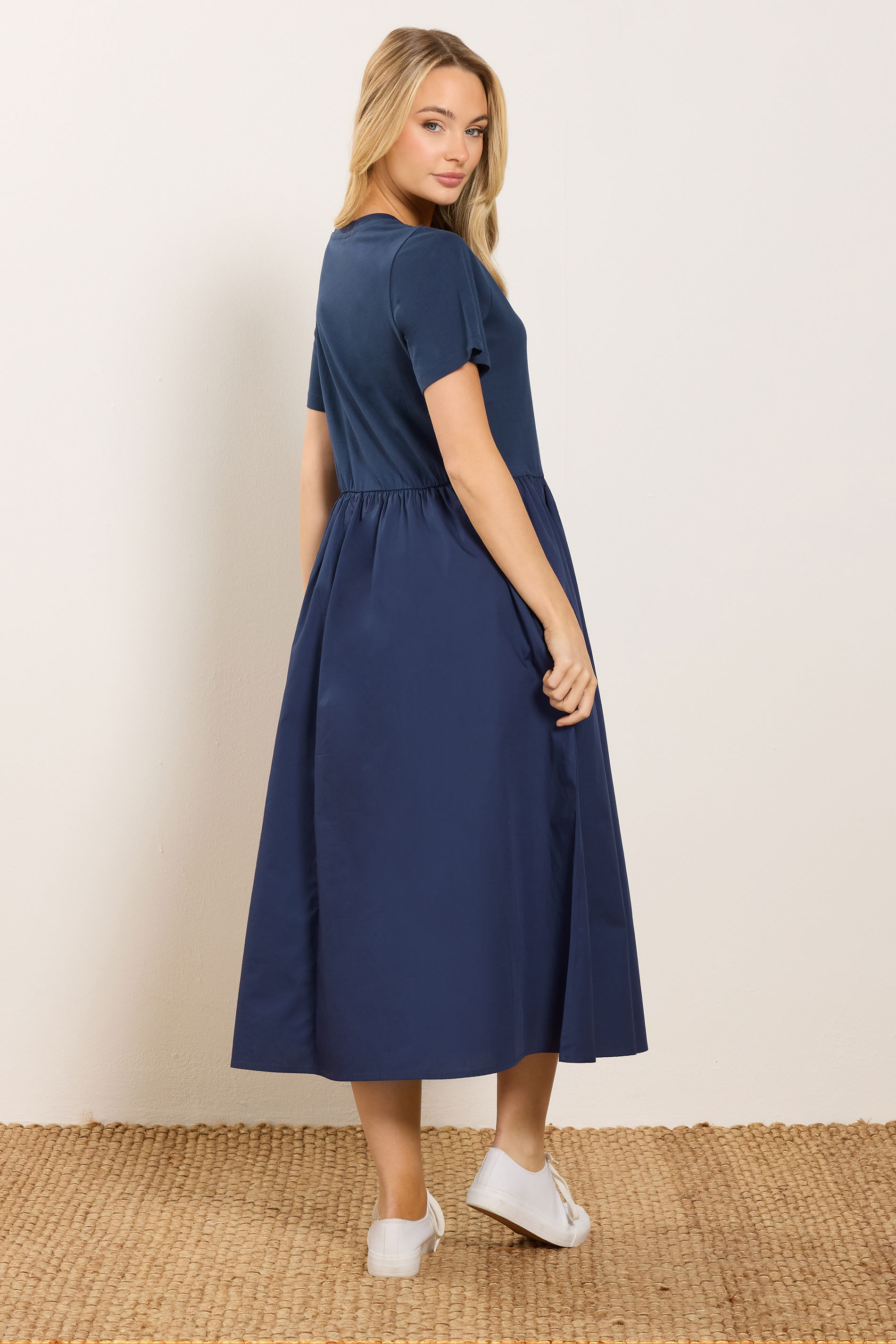 M&Co Navy Blue Short Sleeve Cotton Midi Dress | M&Co 2