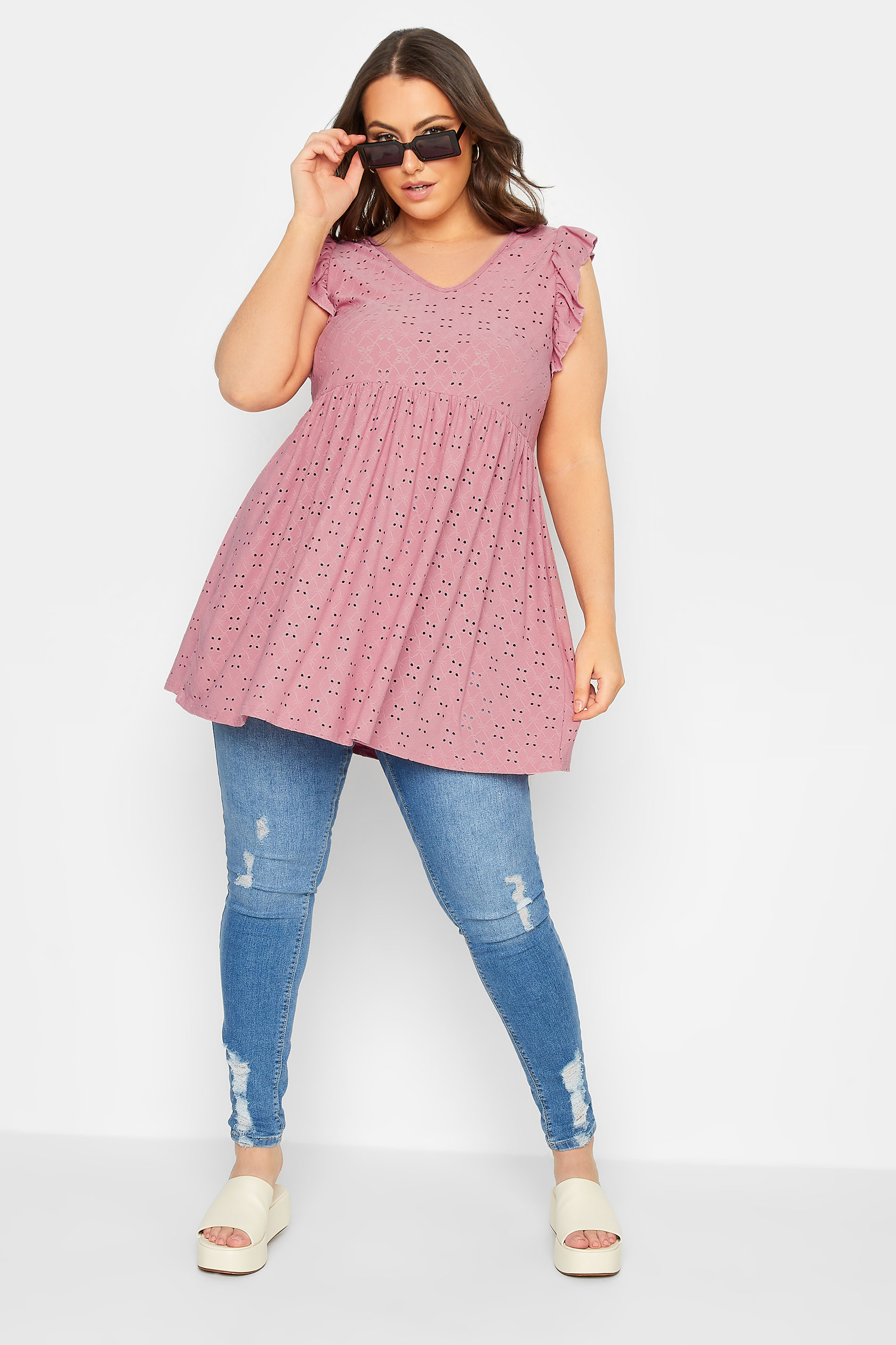 LIMITED COLLECTION Plus Size Pink Broderie Anglaise Frill Top | Yours Clothing 2