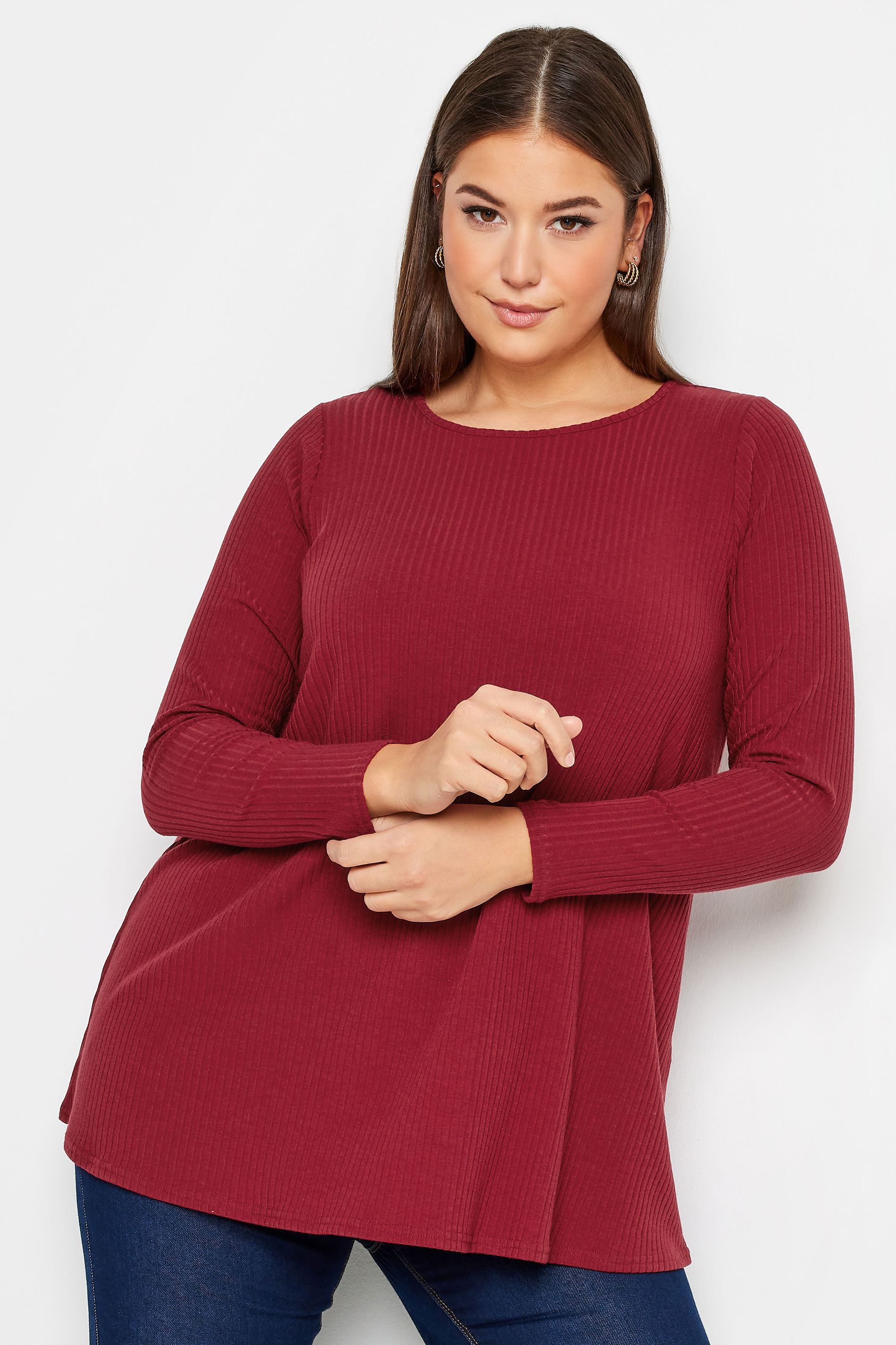YOURS Plus Size Red Long Sleeve Ribbed Swing Top | Yours Clothing 1