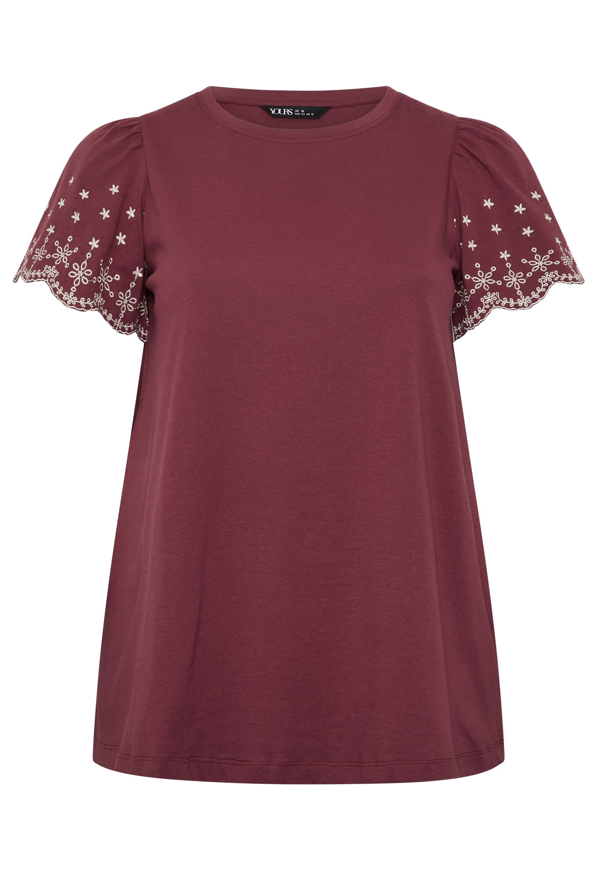 YOURS Plus Size Burgundy Red Embroidered Sleeve T-Shirt | Yours Clothing 5