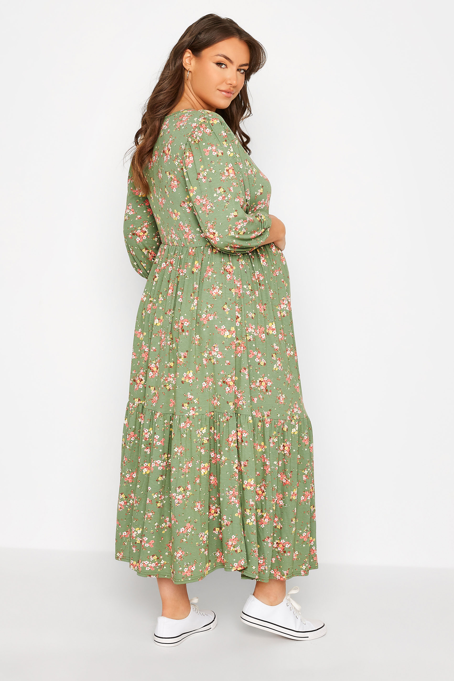 BUMP IT UP MATERNITY Plus Size Green Floral Print Tiered Wrap Dress | Yours Clothing  3