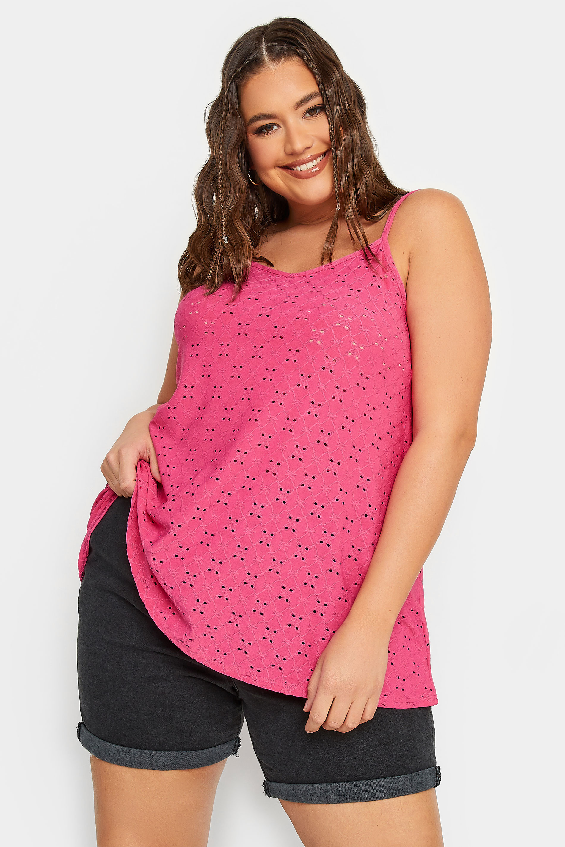 LIMITED COLLECTION Plus Size Pink Broderie Anglaise Cami Vest Top | Yours Clothing 1