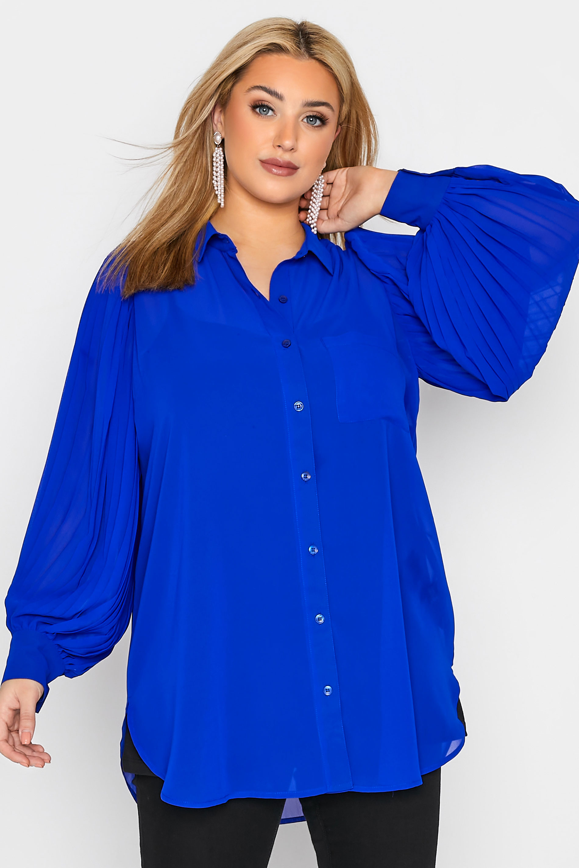 YOURS LONDON Plus Size Cobalt Blue Pleat Sleeve Mesh Shirt | Yours Clothing 1