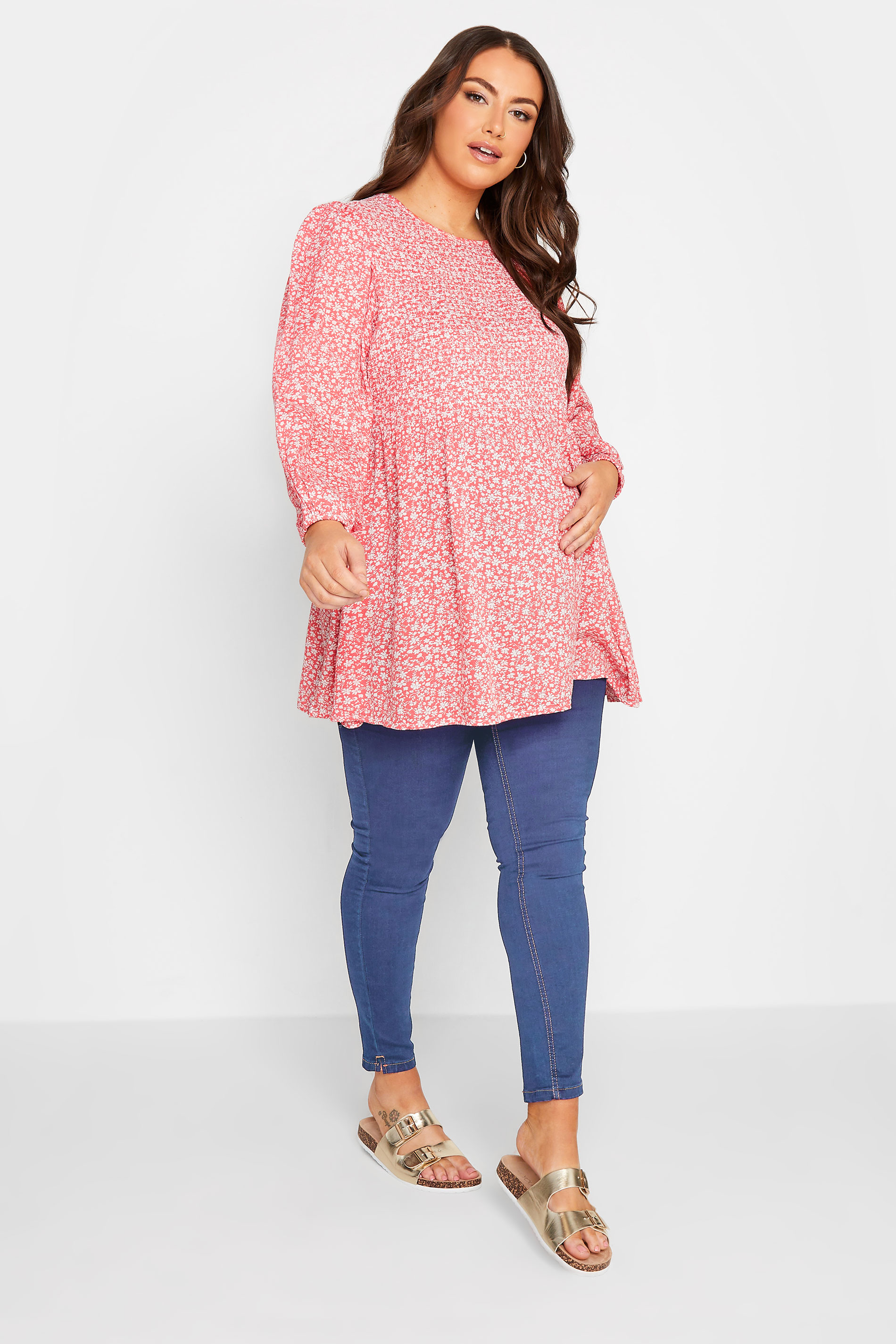 BUMP IT UP MATERNITY Plus Size Pink Ditsy Print Shirred Swing Top | Yours Clothing 2