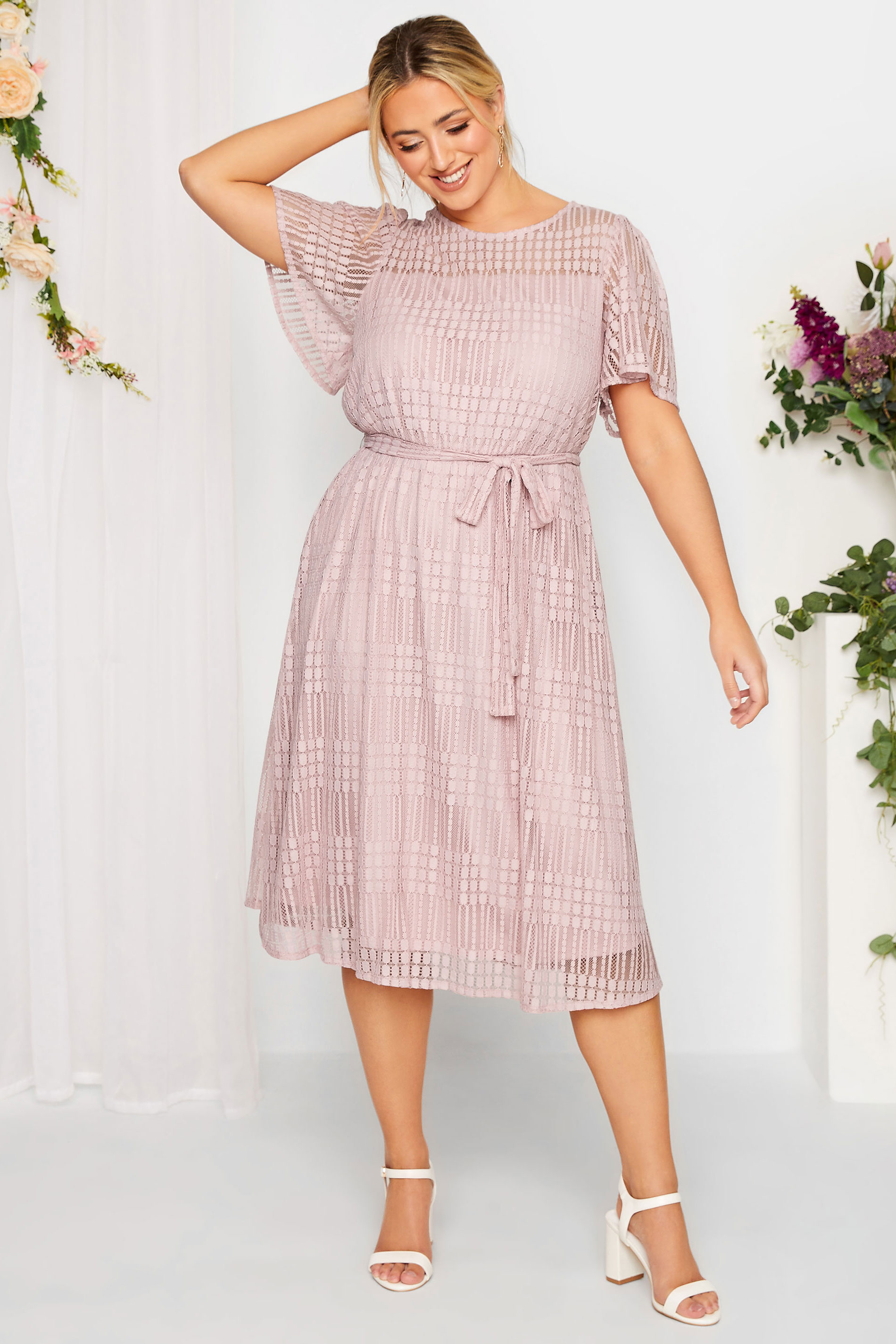YOURS LONDON Plus Size Curve Light Pink Lace Skater Dress | Yours Clothing  1