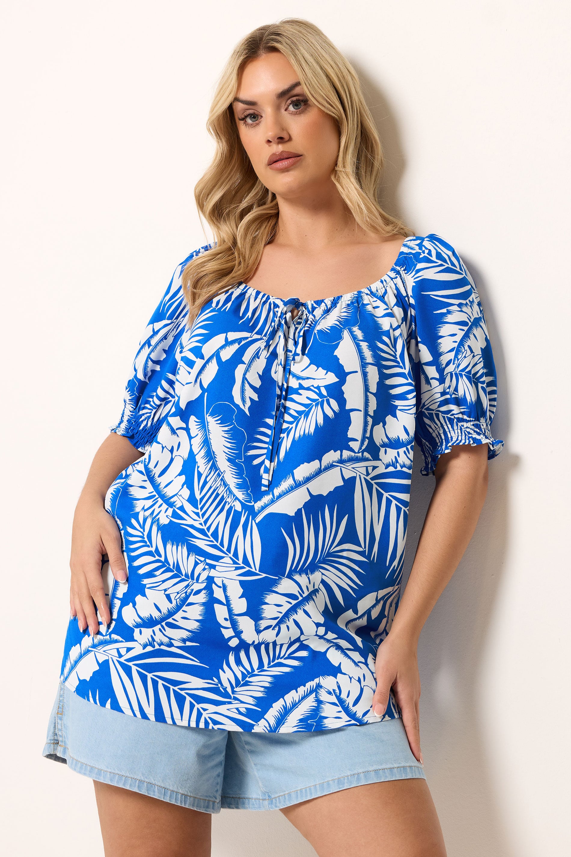 YOURS Plus Size Dark Blue Palm Leaf Tie Neck Blouse | Yours Clothing 3