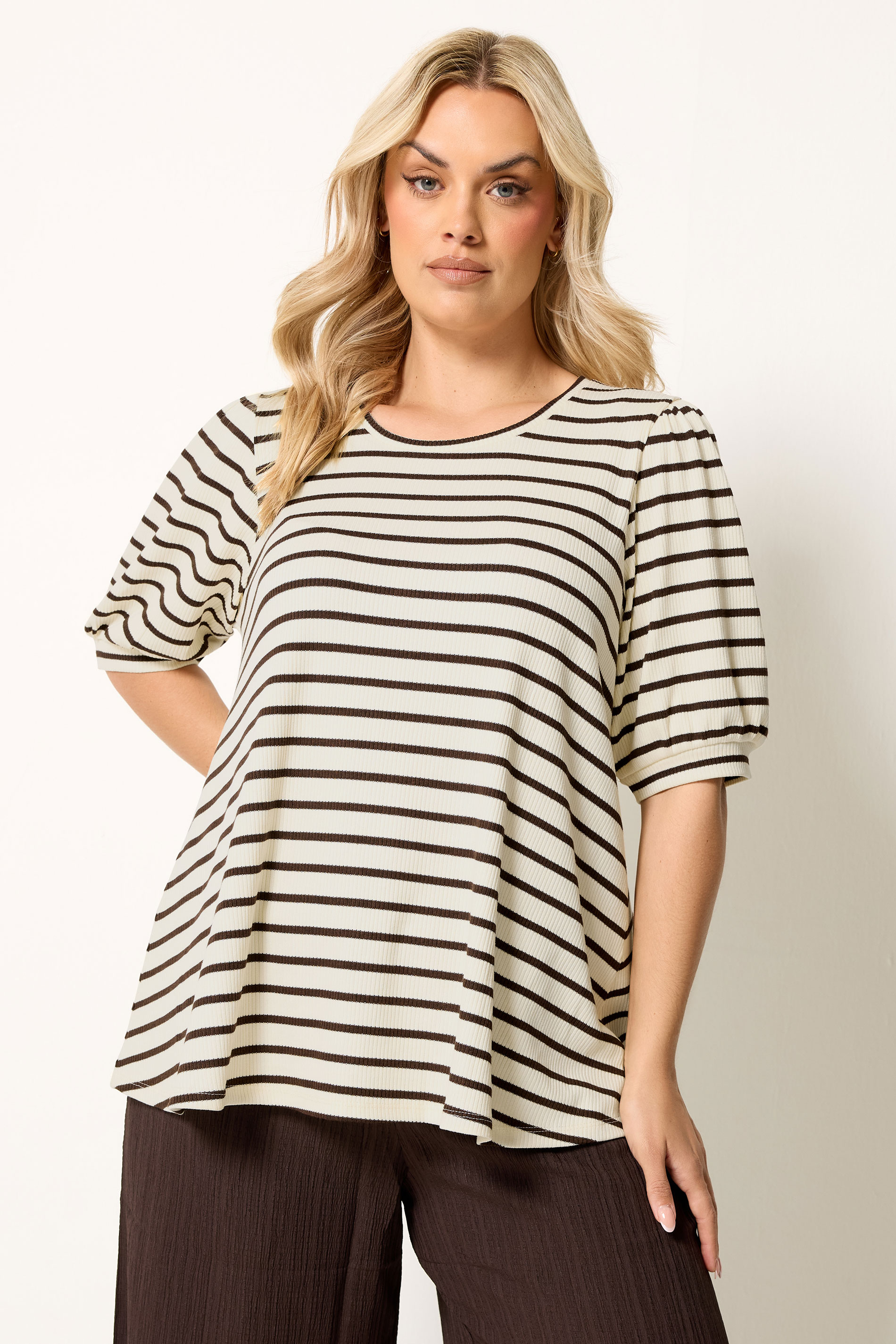YOURS Plus Size White & Brown Stripe Knitted Puff Sleeve Top | Yours Clothing 3