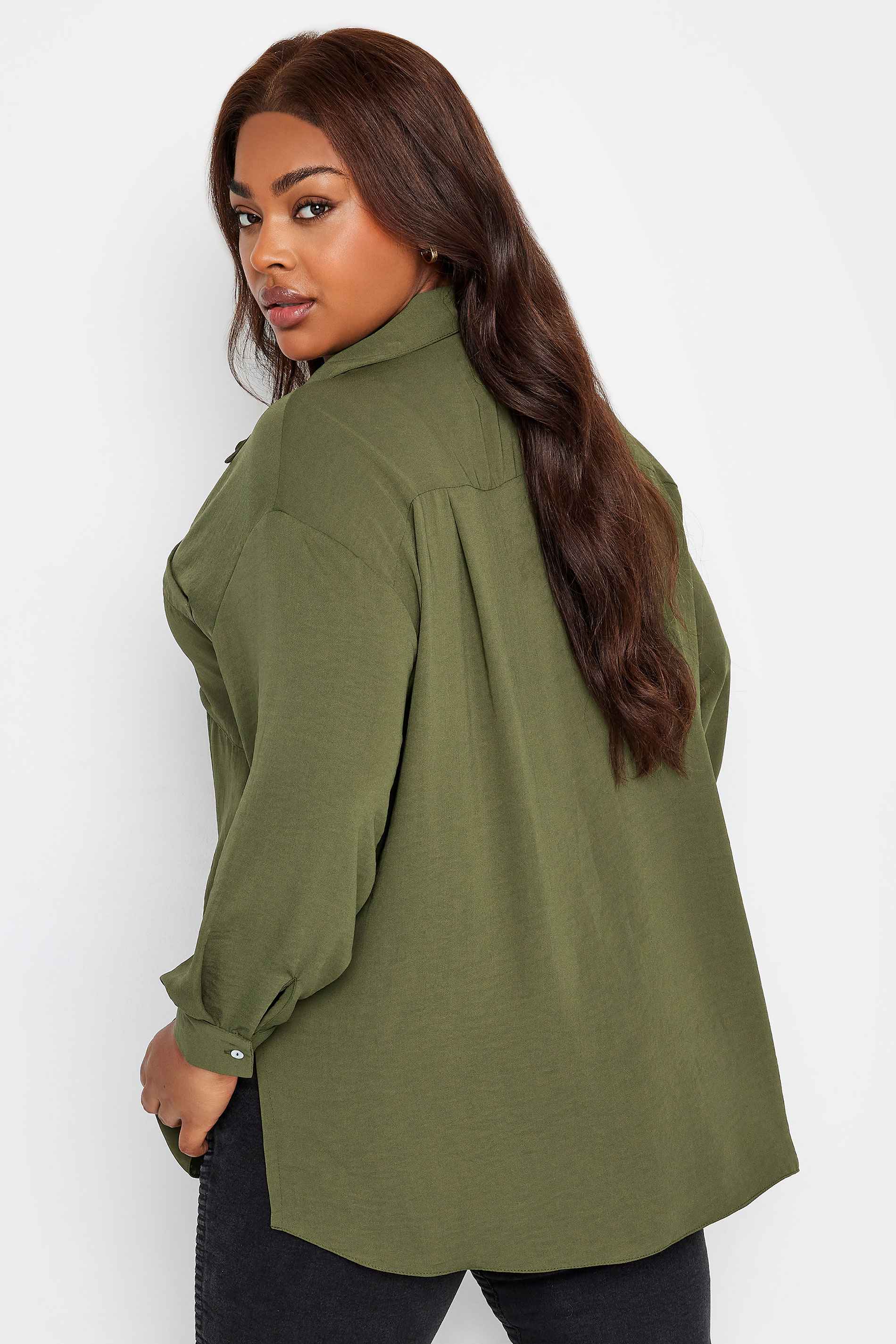 Yours Plus Size Khaki Green Cuffed Sleeve Shirt | Yours Closing 3
