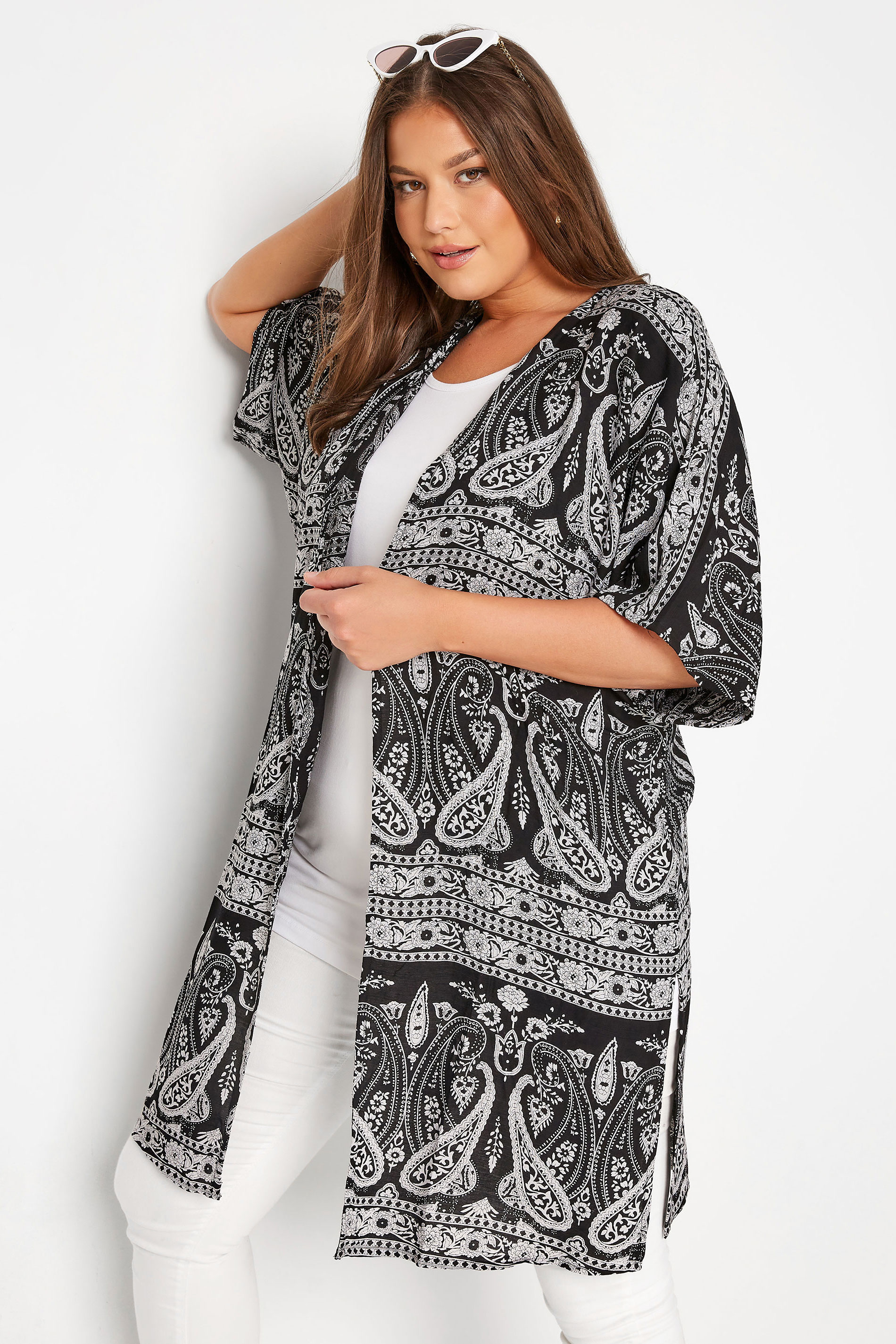 Plus Size Black Paisley Print Longline Kimono Cardigan | Yours Clothing  1