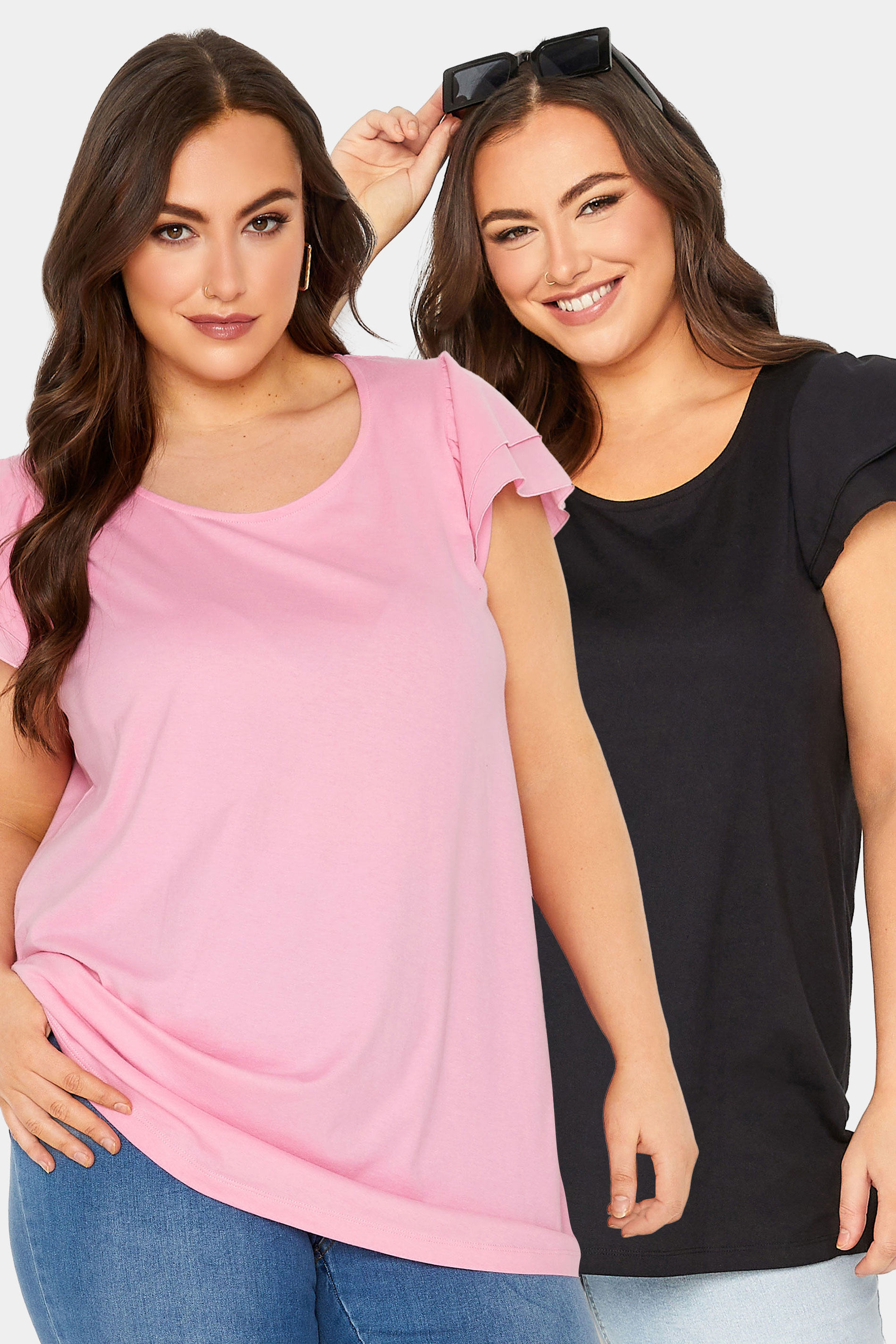 YOURS Curve Plus Size 2 PACK Pink Frill Sleeve T-Shirts | Yours Clothing  1
