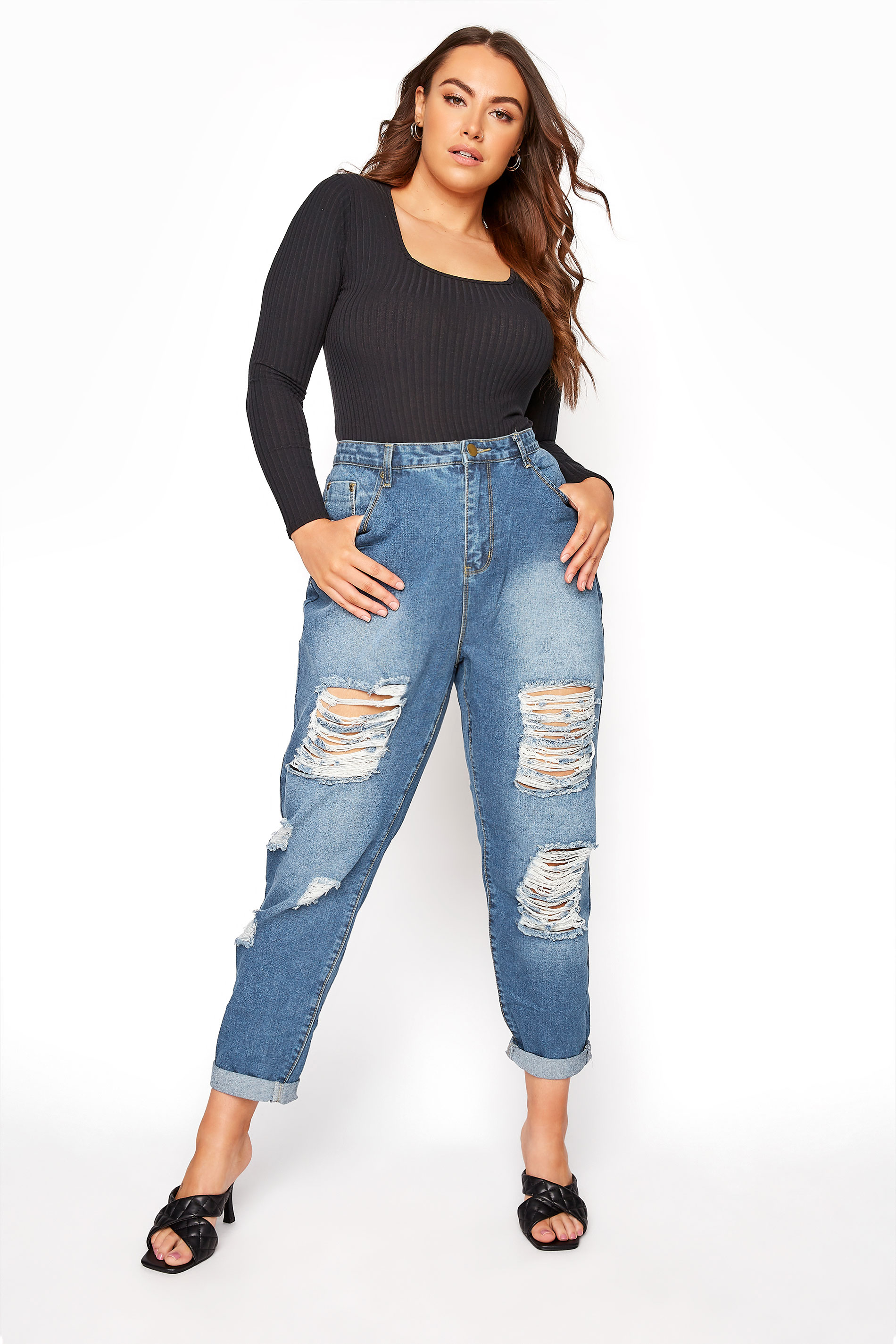 Blue Extreme Ripped MOM Jeans | Yours Clothing