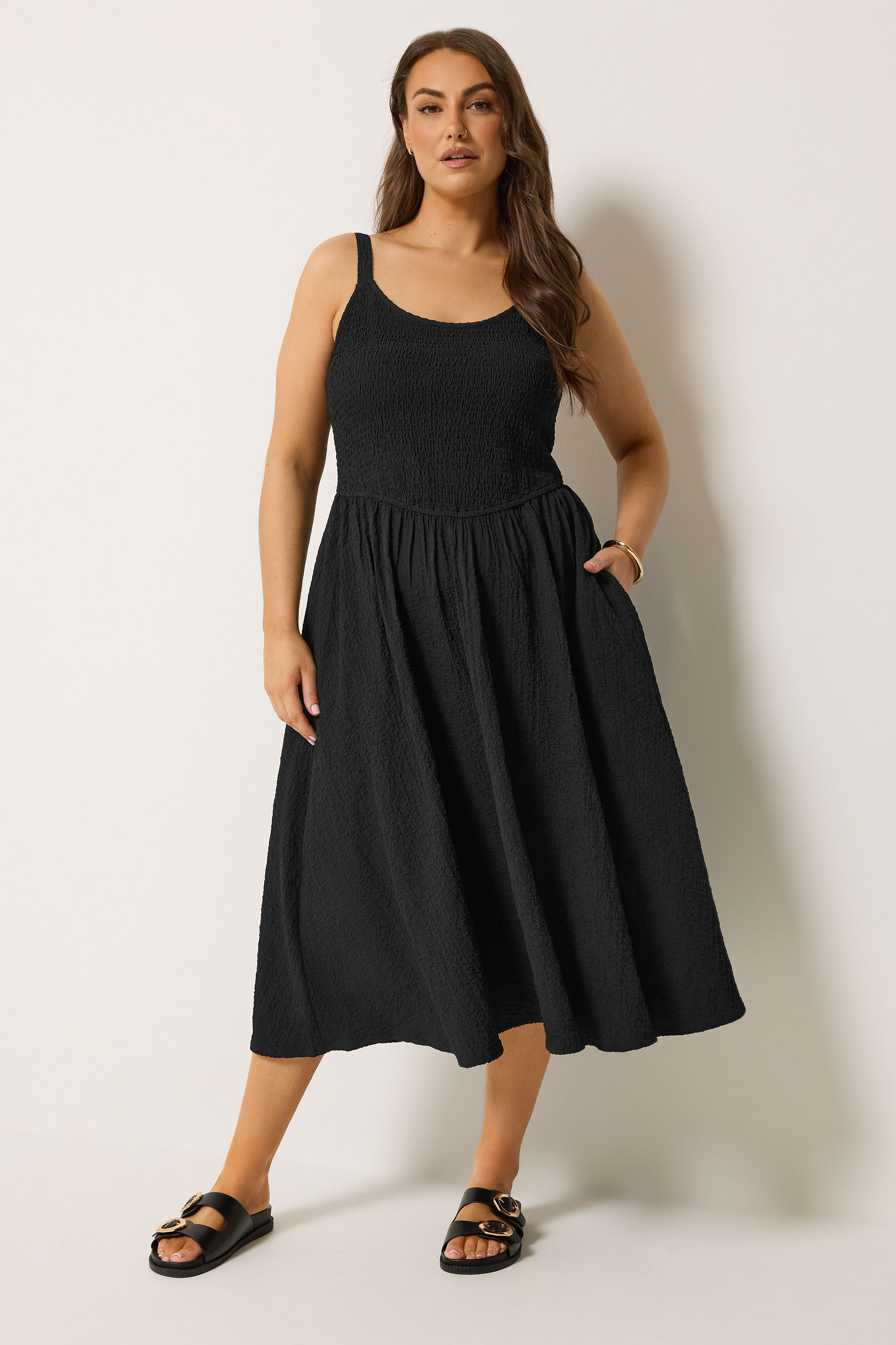 YOURS Plus Size Black Shirred Sundress | Yours Clothing 1