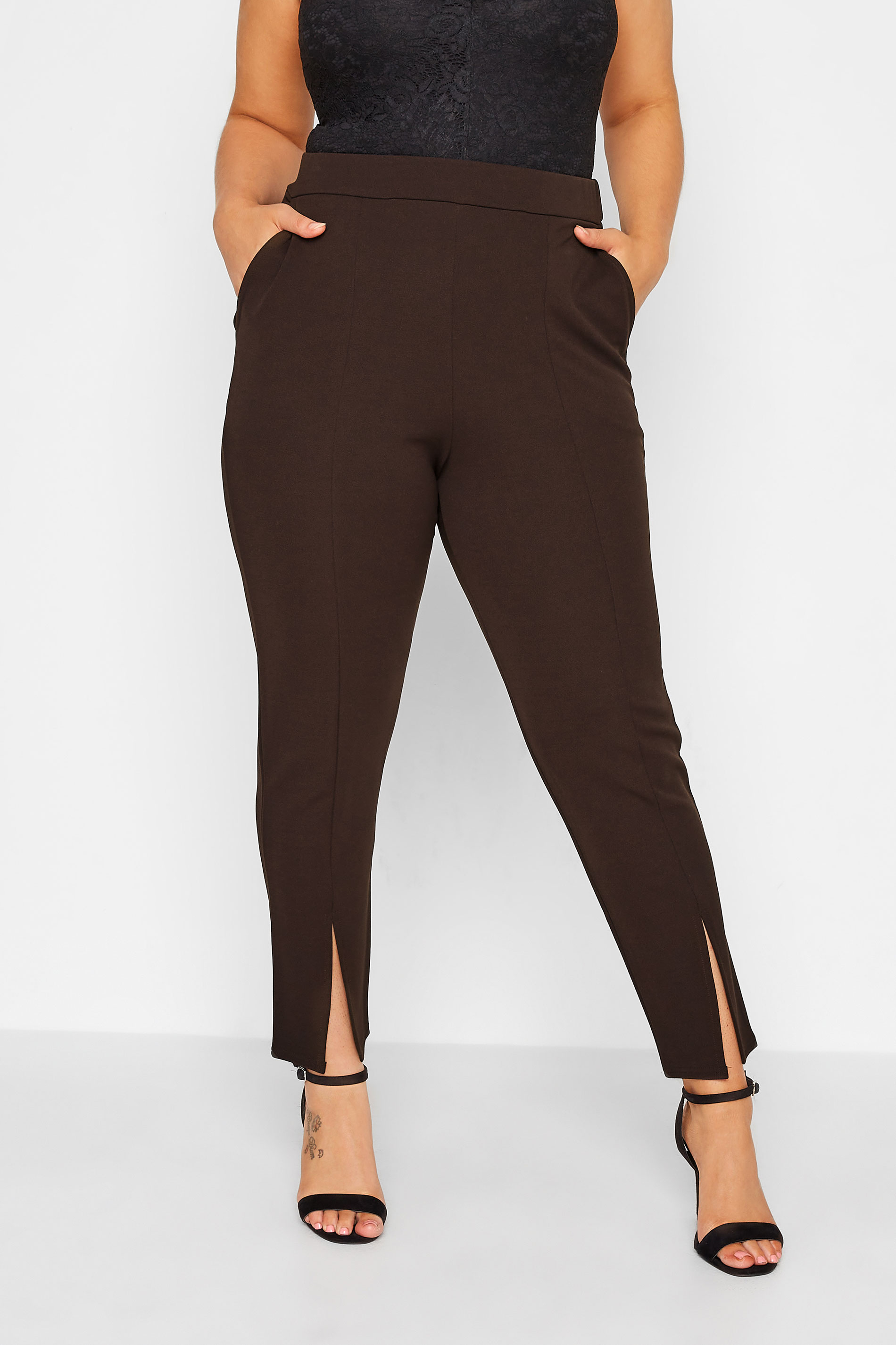 LIMITED COLLECTION Curve Chocolate Brown Split Hem Tapered Trousers 1