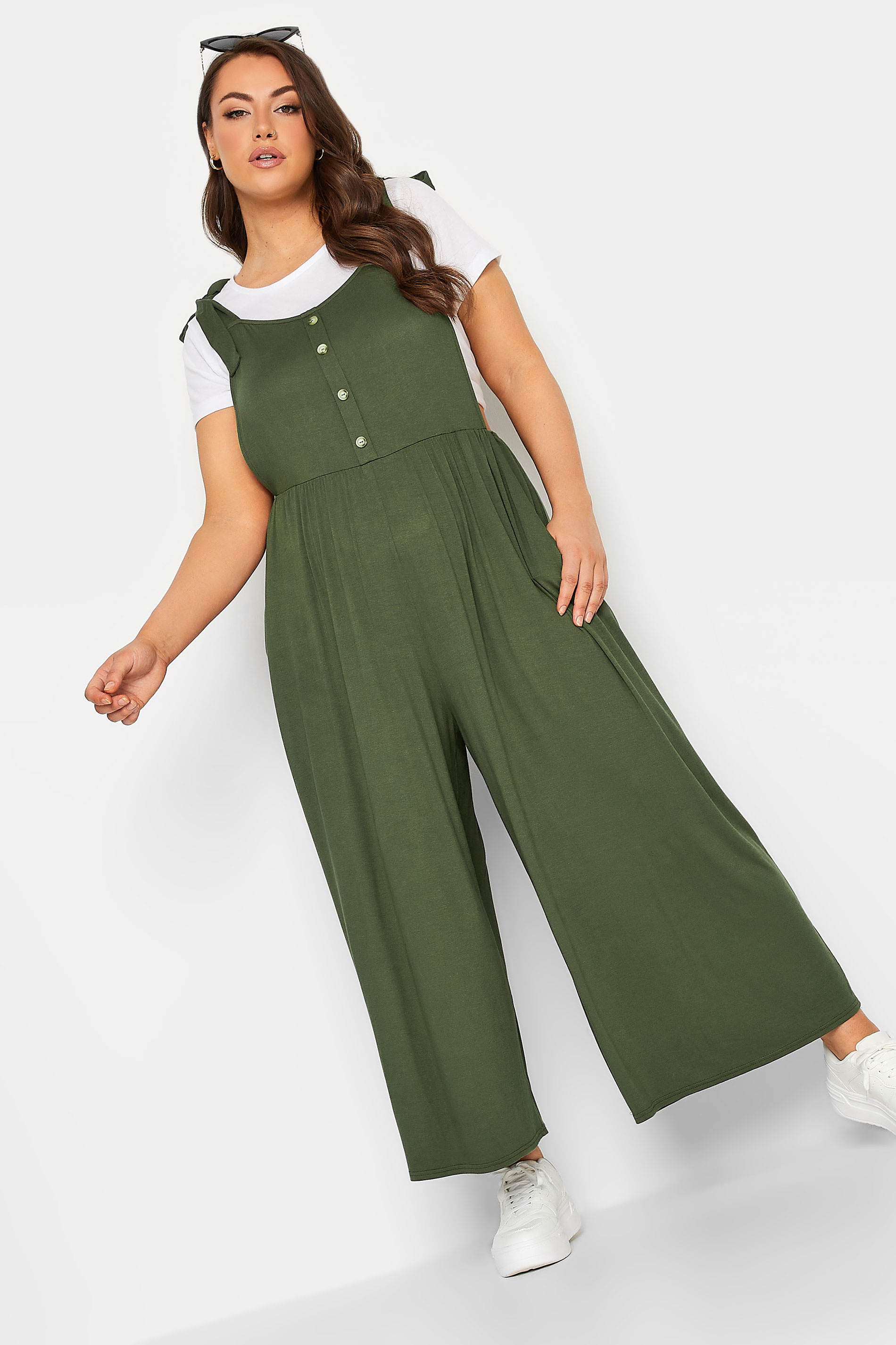 LIMITED COLLECTION Plus Size Khaki Green Culotte Dungarees | Yours Clothing 2