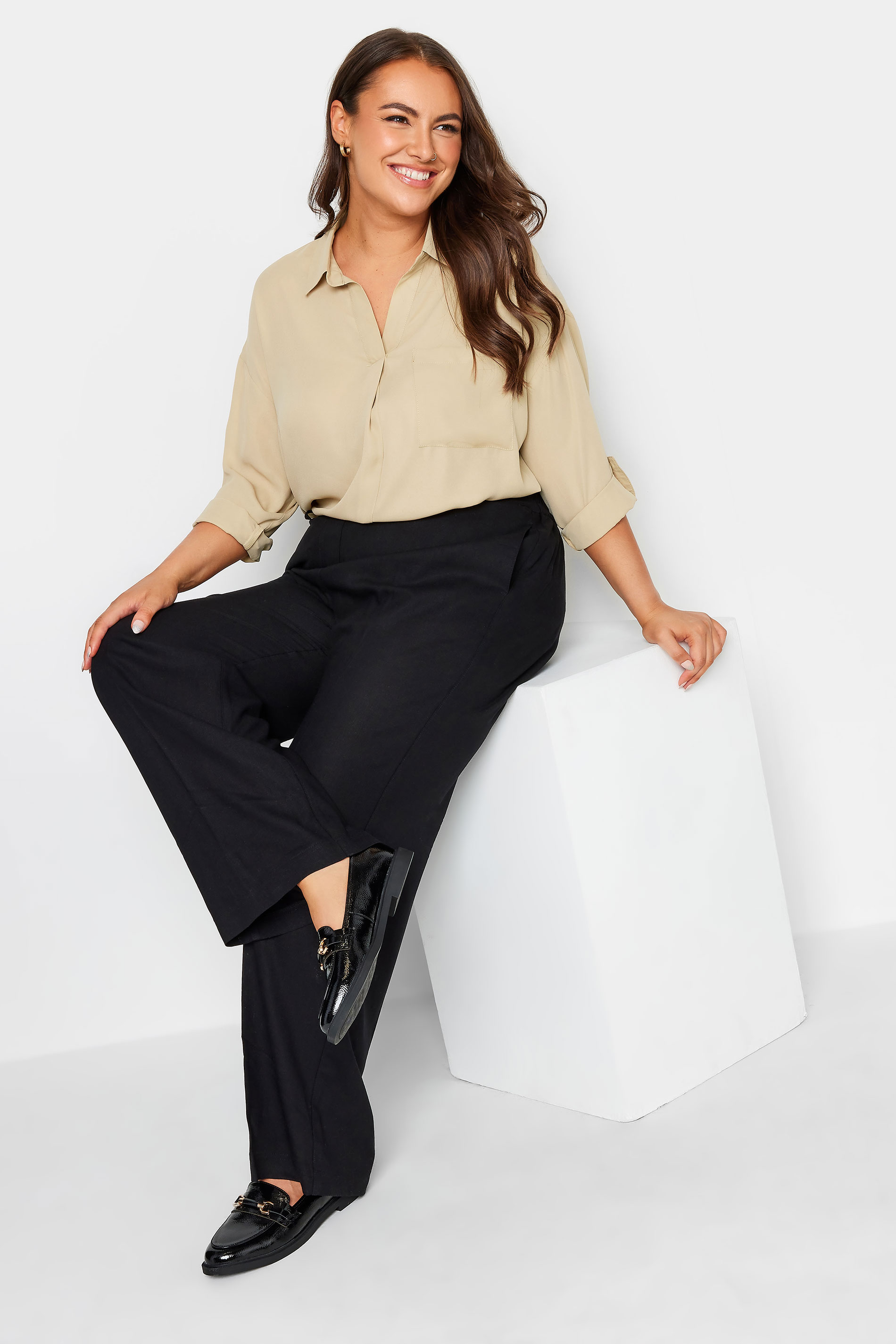 YOURS Plus Size Beige Brown Half Placket Collared Blouse | Yours Clothing 3