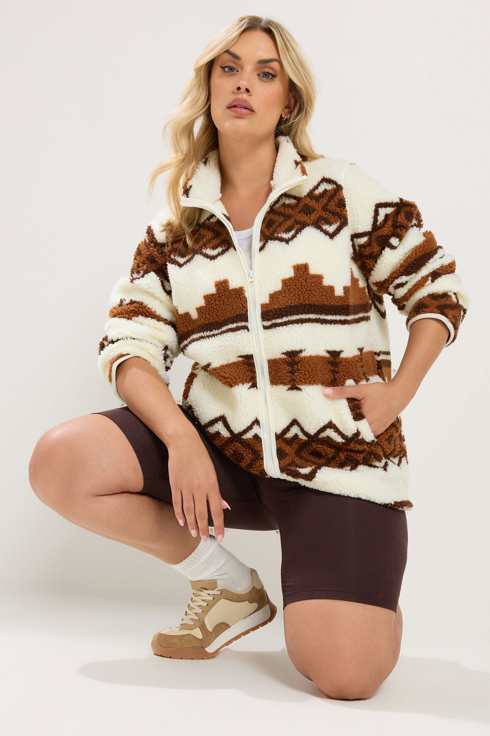 YOURS Plus Size Chocolate Brown Fairisle Borg Fleece Jacket | Yours Clothing 3