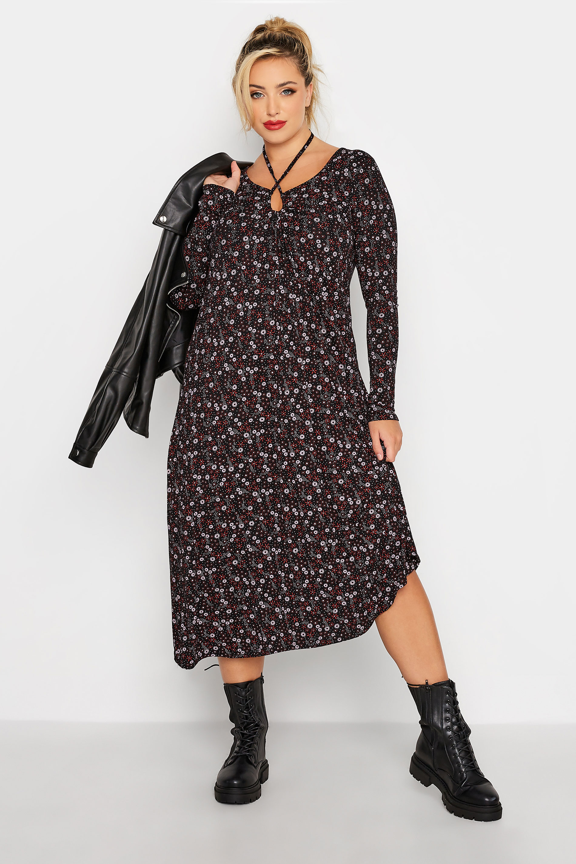 LIMITED COLLECTION Plus Size Black Ditsy Print Keyhole Tie Neck Midaxi Dress | Yours Clothing 1
