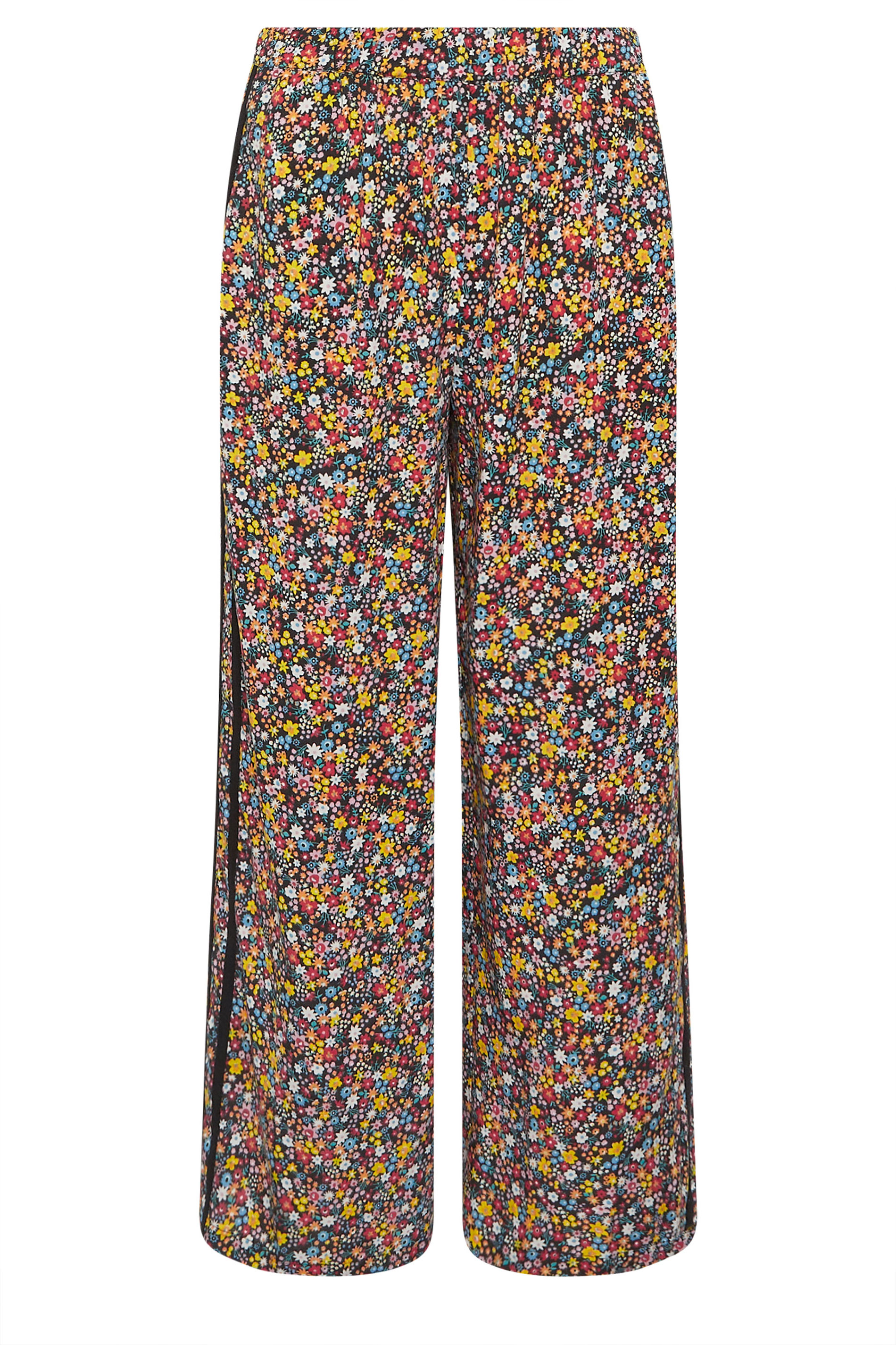 PixieGirl Petite Women's Black Ditsy Floral Side Stripe Wide Leg Trousers | PixieGirl 6