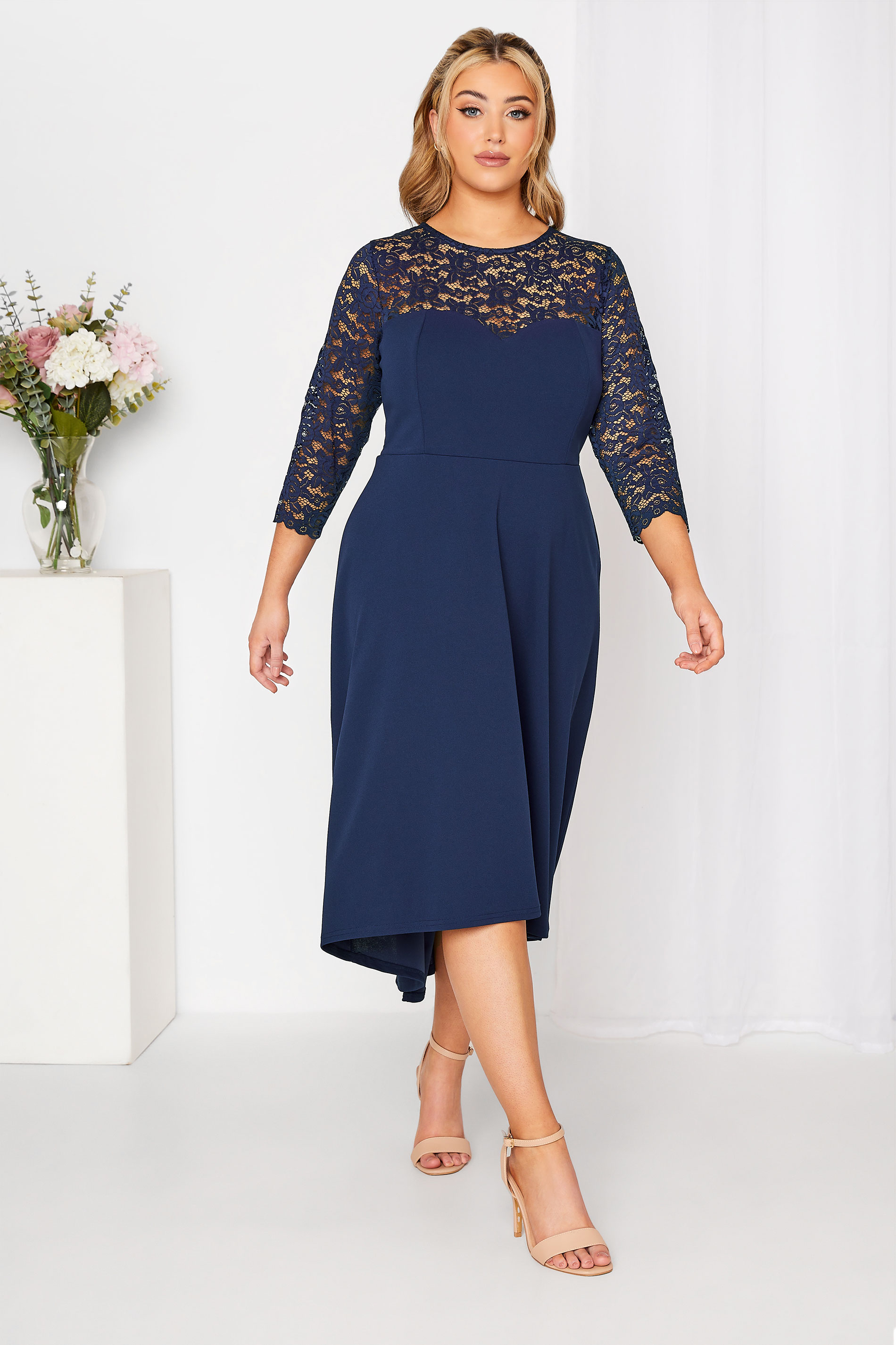 YOURS LONDON Plus Size Navy Blue Lace Sweetheart Midi Dress | Yours Clothing 2