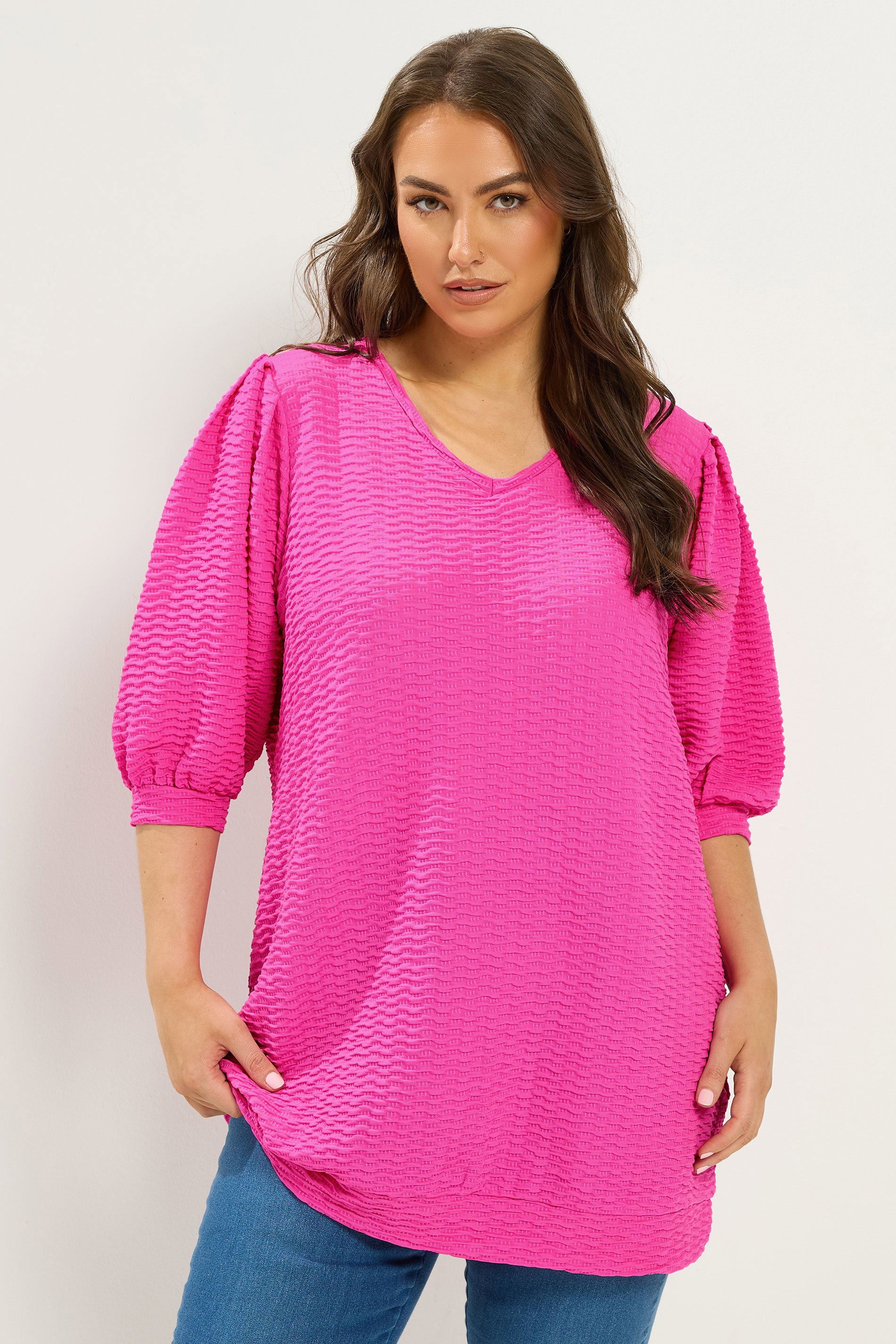 YOURS Plus Size Pink Textured Balloon Sleeve Top | Yours Clothing 3