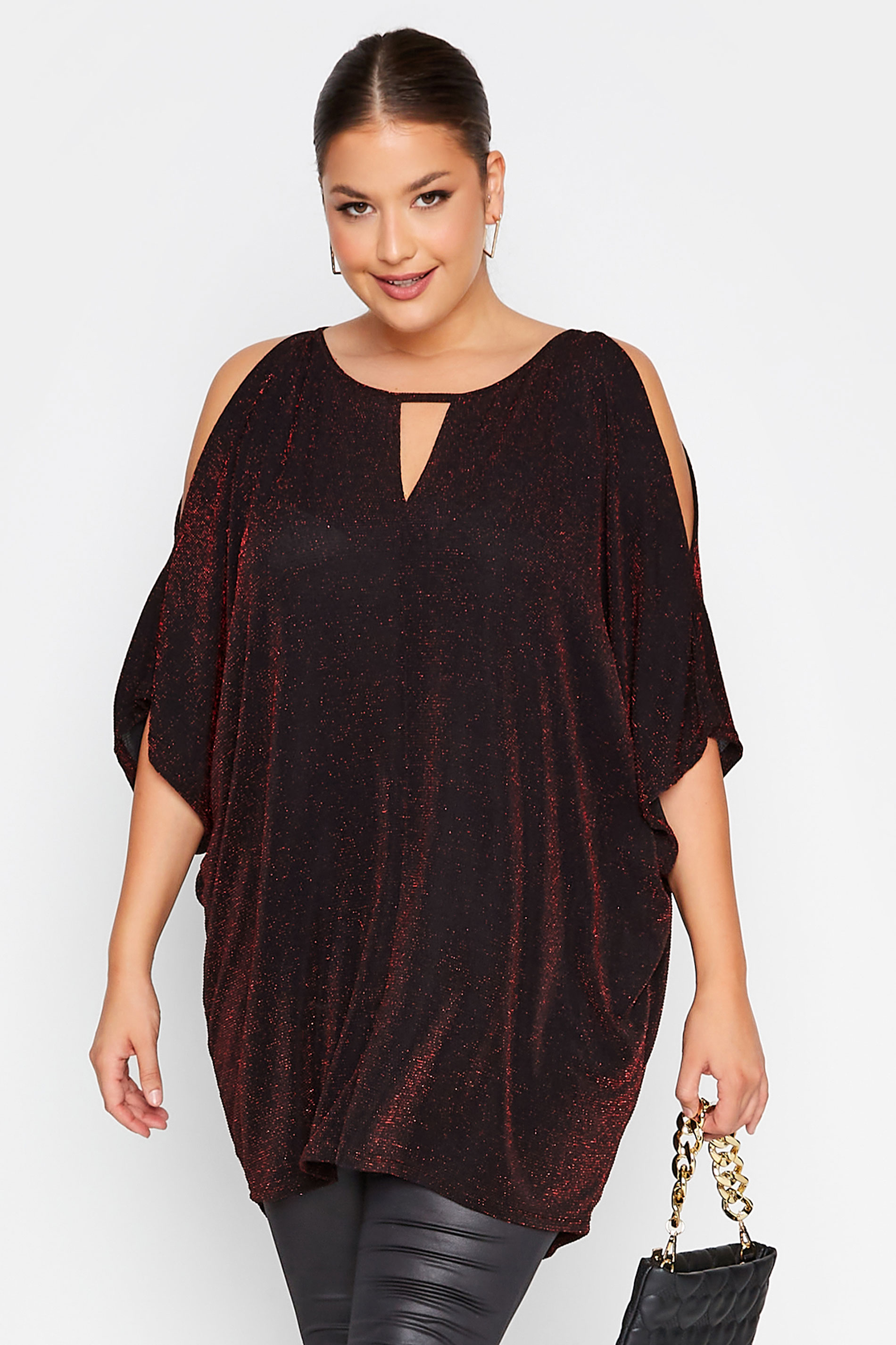YOURS LONDON Plus Size Red Glitter Cold Shoulder Cape Top | Yours Clothing 1