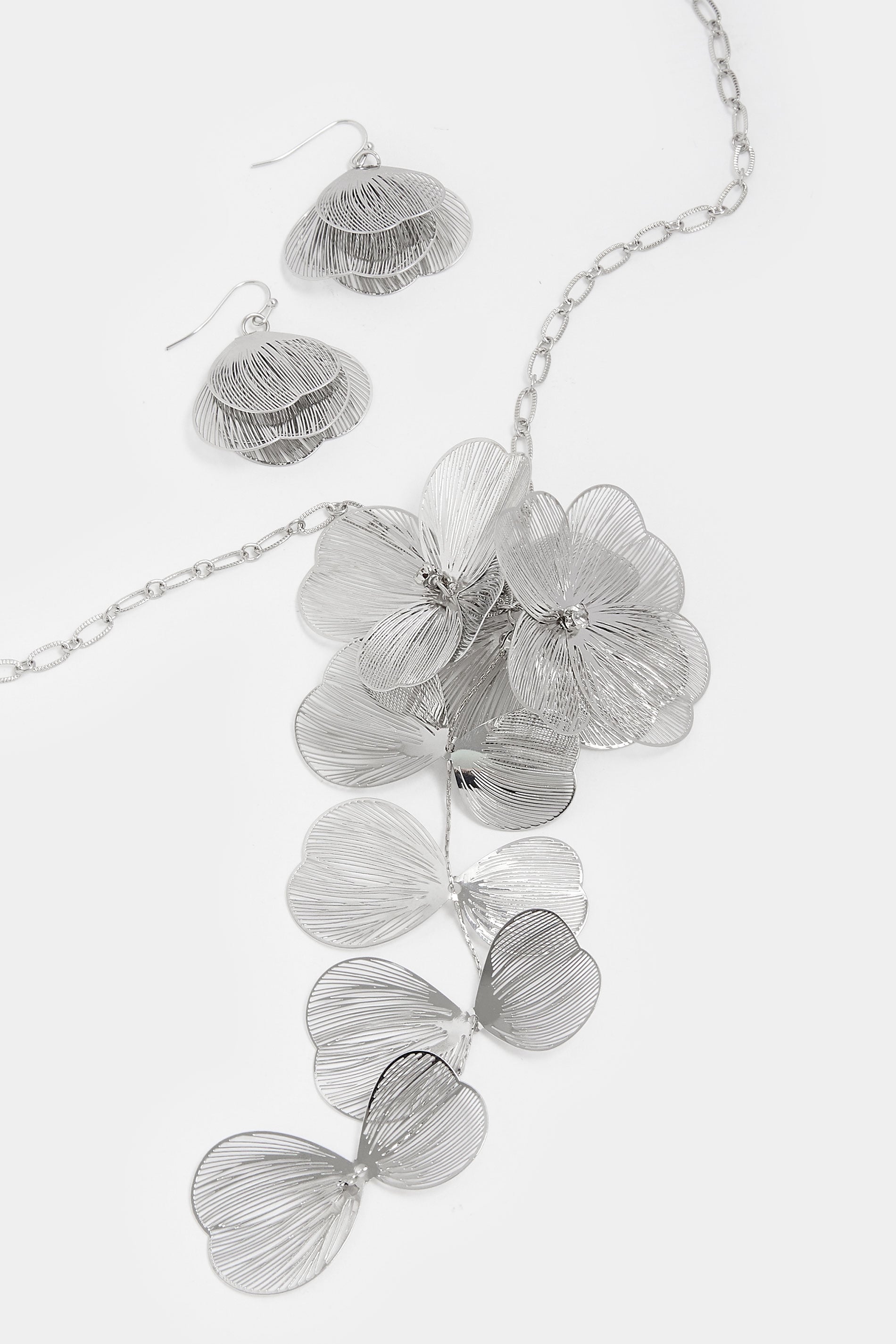 Silver Tone Long Flower Necklace & Earrings Set | Yours Clothing 2