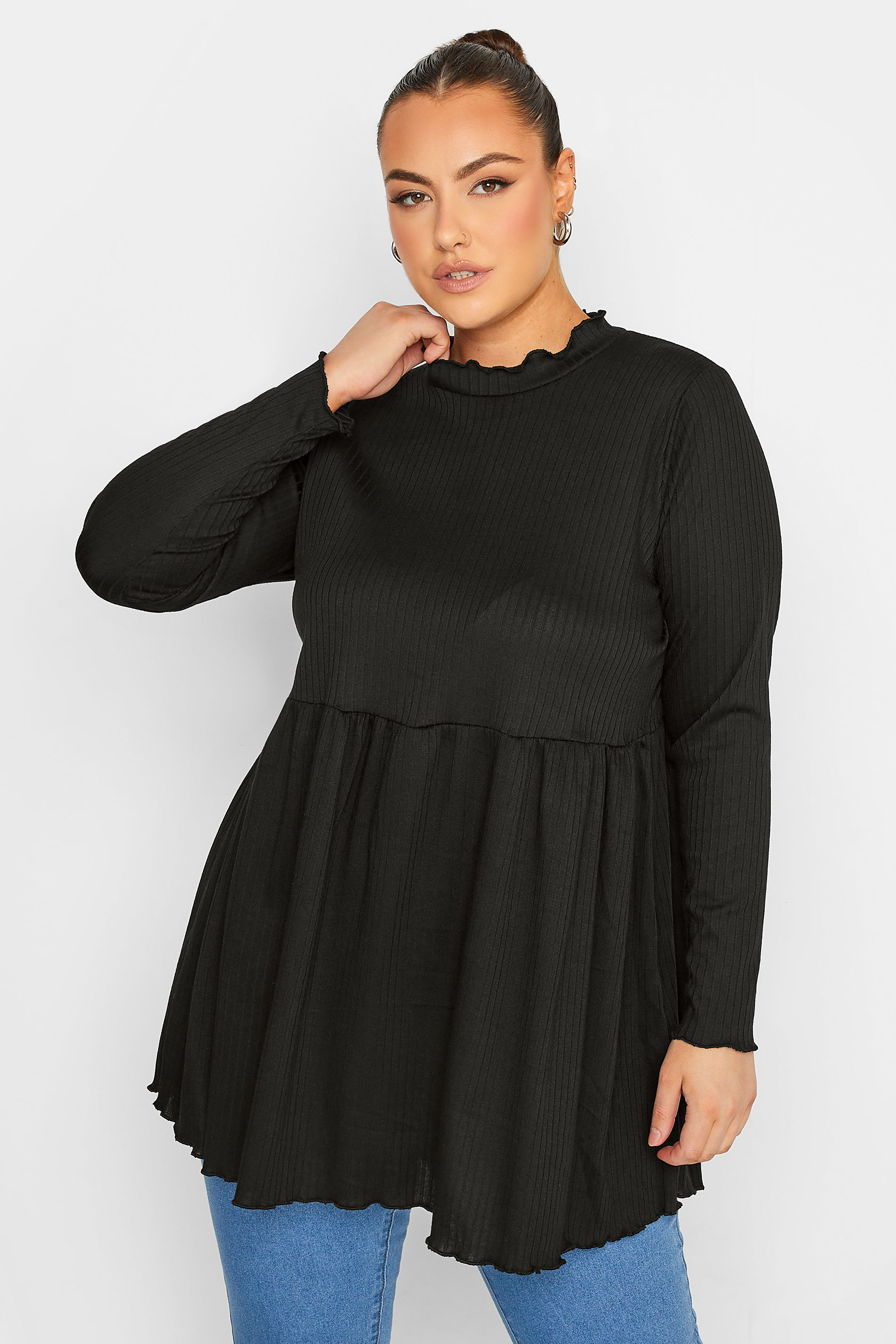 LIMITED COLLECTION Plus Size Black Peplum Lettuce Hem Top | Yours Clothing  1