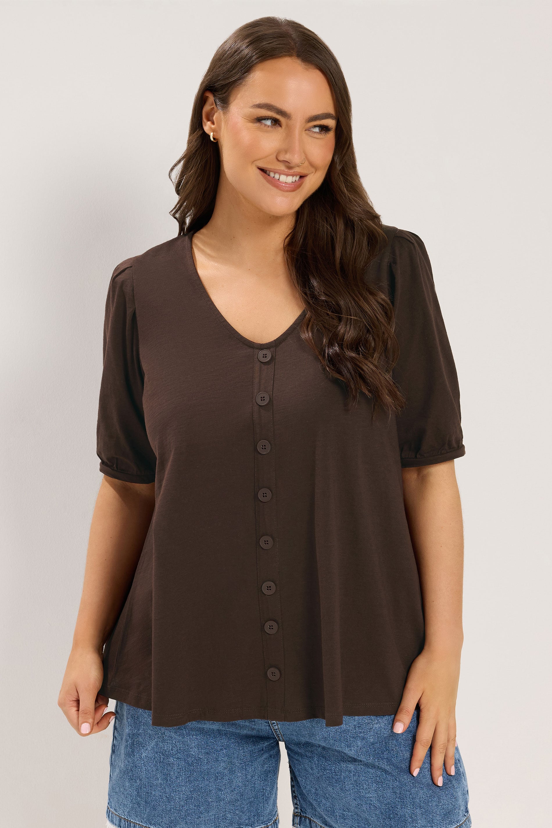 YOURS Plus Size Chocolate Brown Puff Sleeve Top | Yours Clothing 3